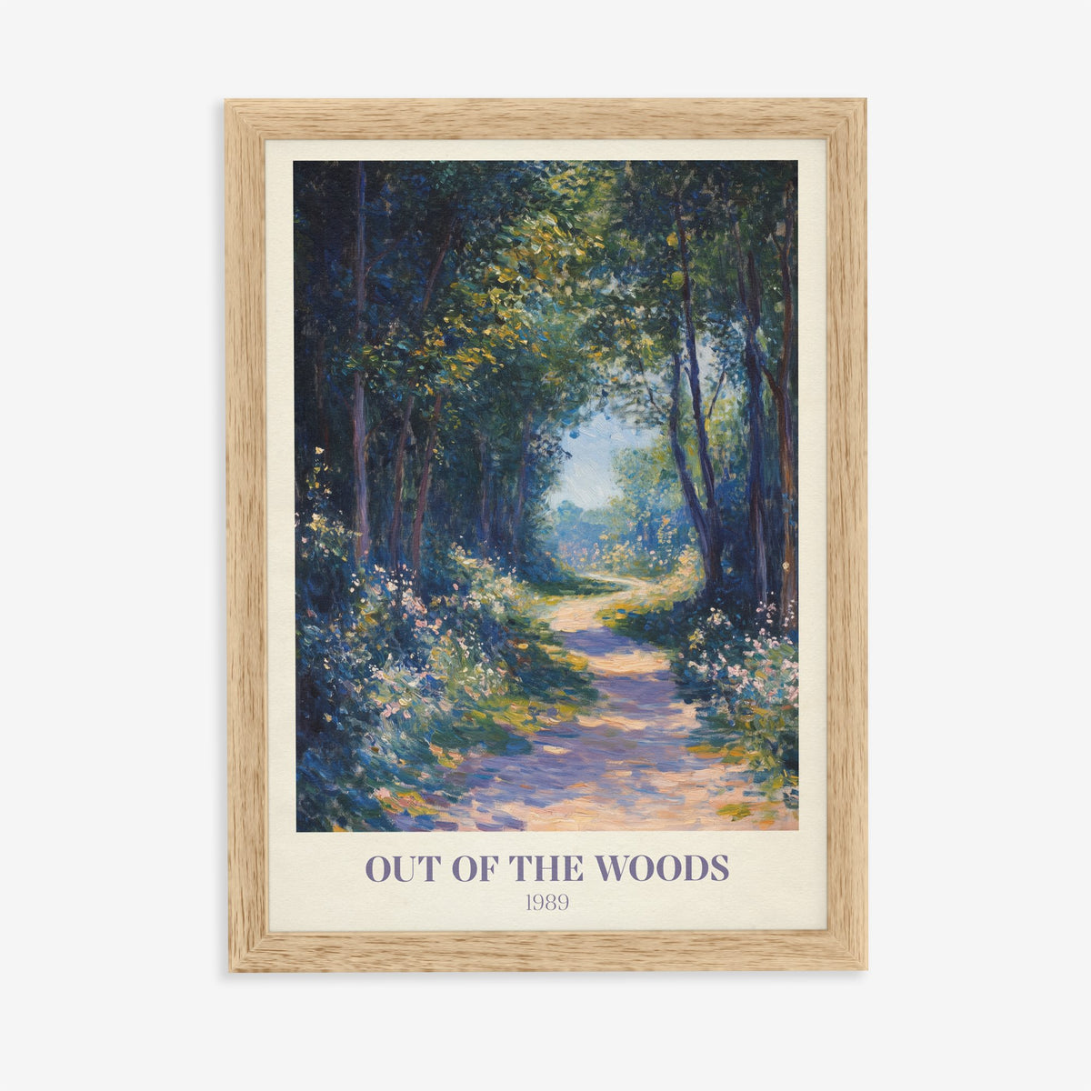 Out Of The Woods Taylor Swift print of a sunlit woodland path between white wildflowers, in an oak frame on a plain wall