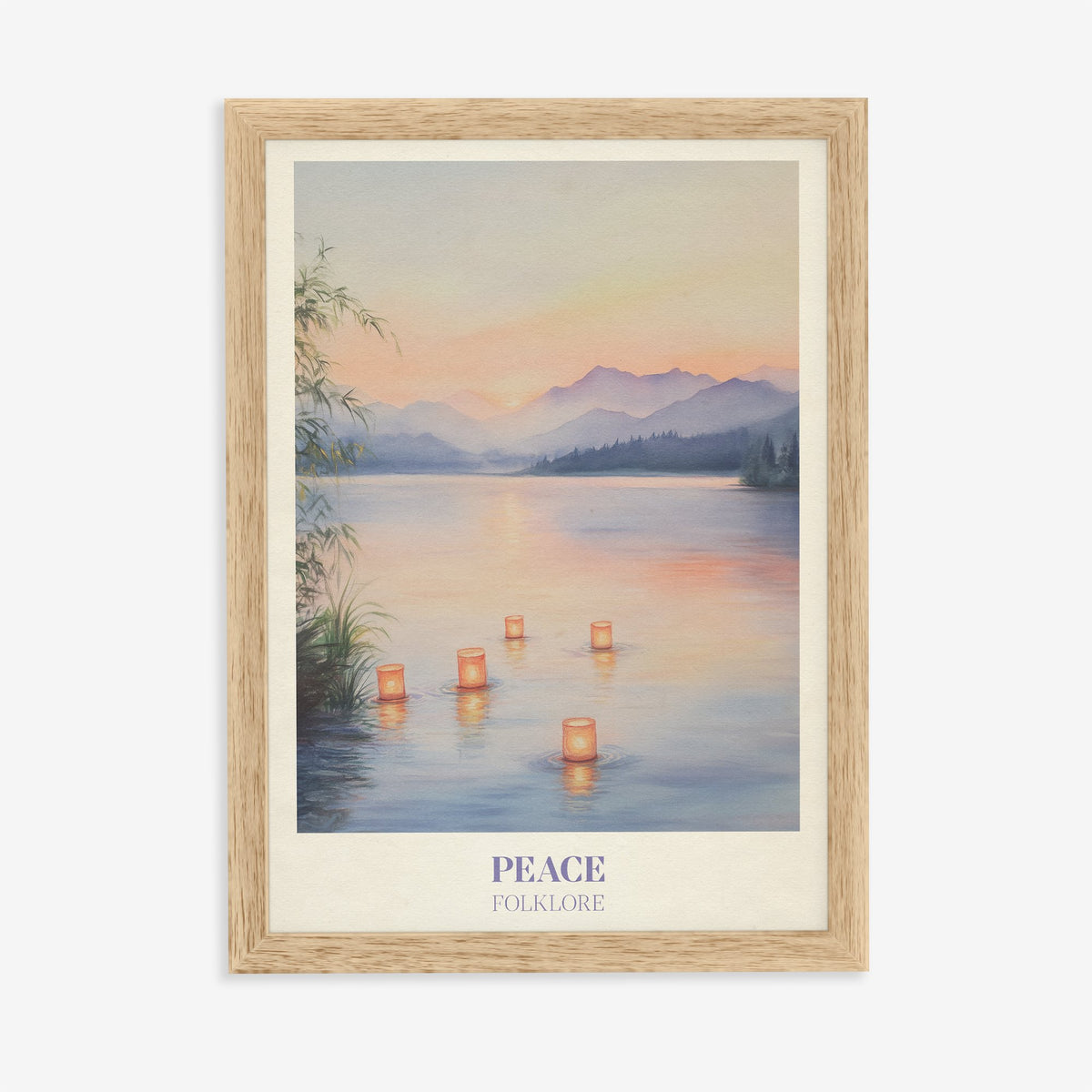 Peace Taylor Swift print of floating lanterns on a calm lake below lilac mountains, in an oak frame on a plain wall
