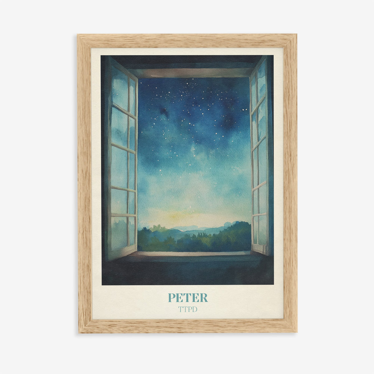 Peter Taylor Swift print of an open window onto a starry night sky over distant hills, in an oak frame on a plain wall