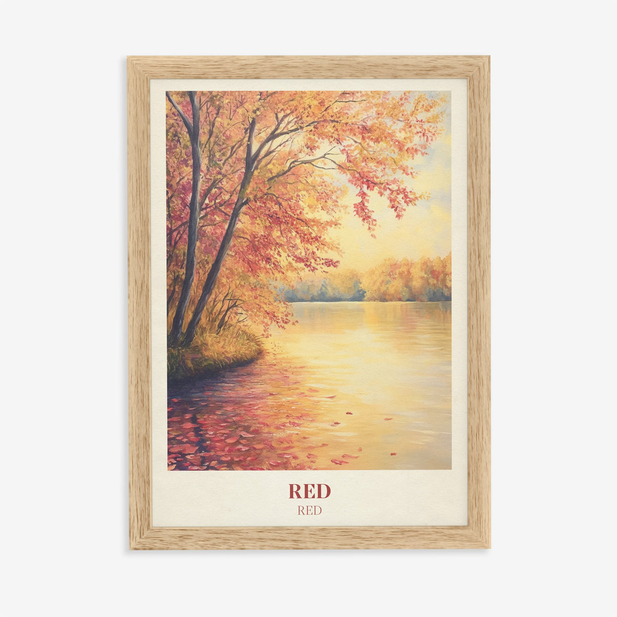 Red Taylor Swift print of red and orange autumn trees beside a still lake, in an oak frame on a plain wall