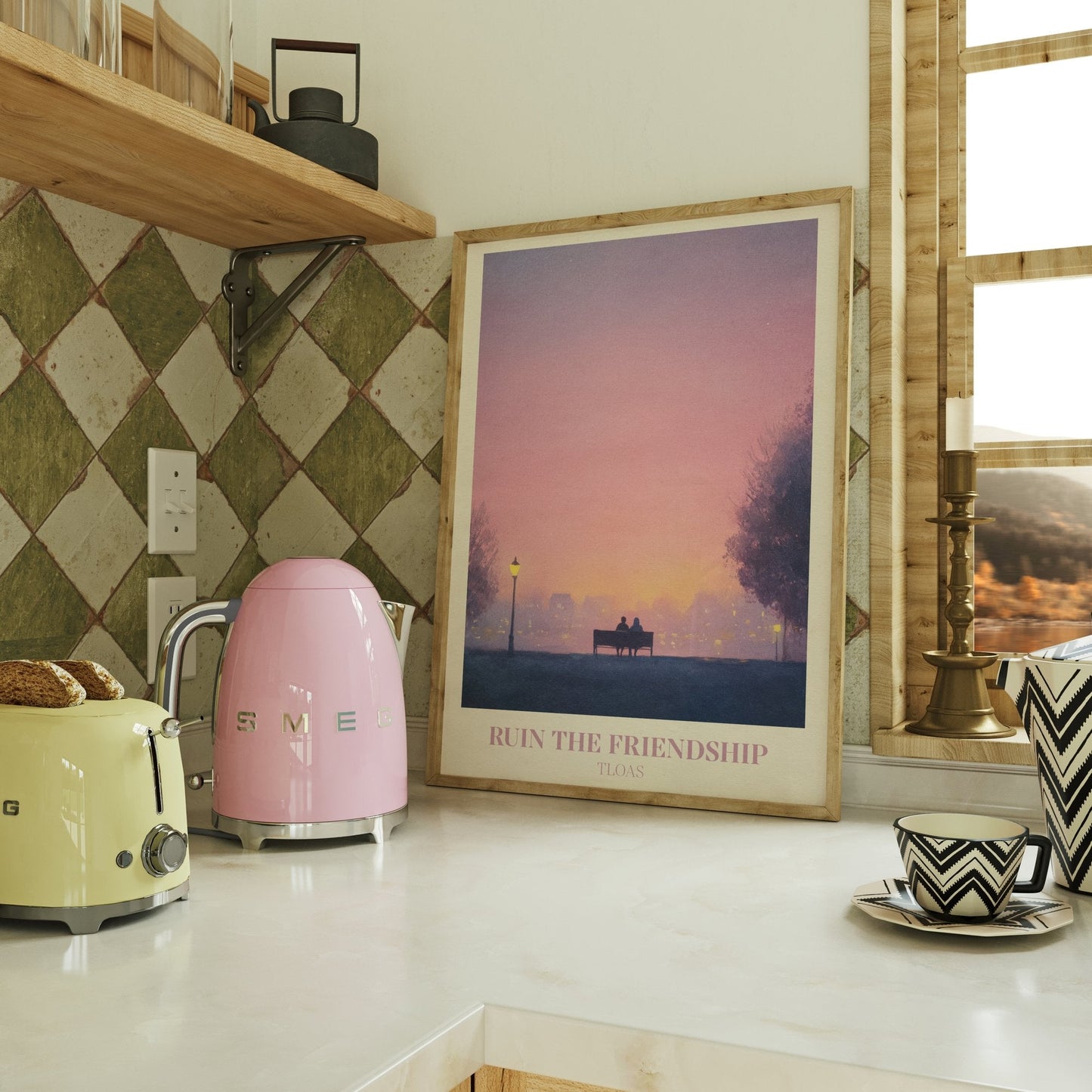 Ruin The Friendship lyric wall art print inspired by Taylor Swift on a kitchen counter beside a kettle and toaster