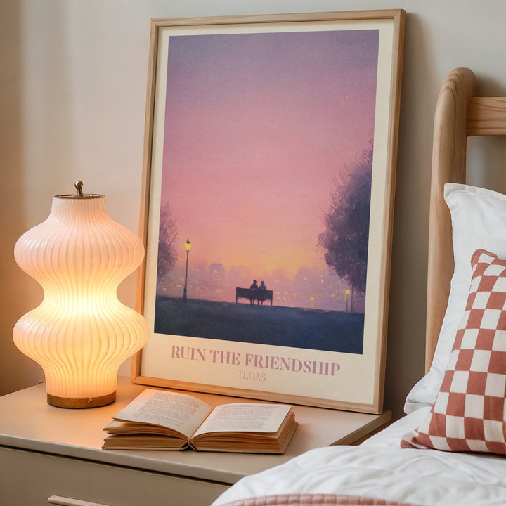 Ruin The Friendship lyric print inspired by Taylor Swift leaning against a white wall on a wooden herringbone floor in soft daylight