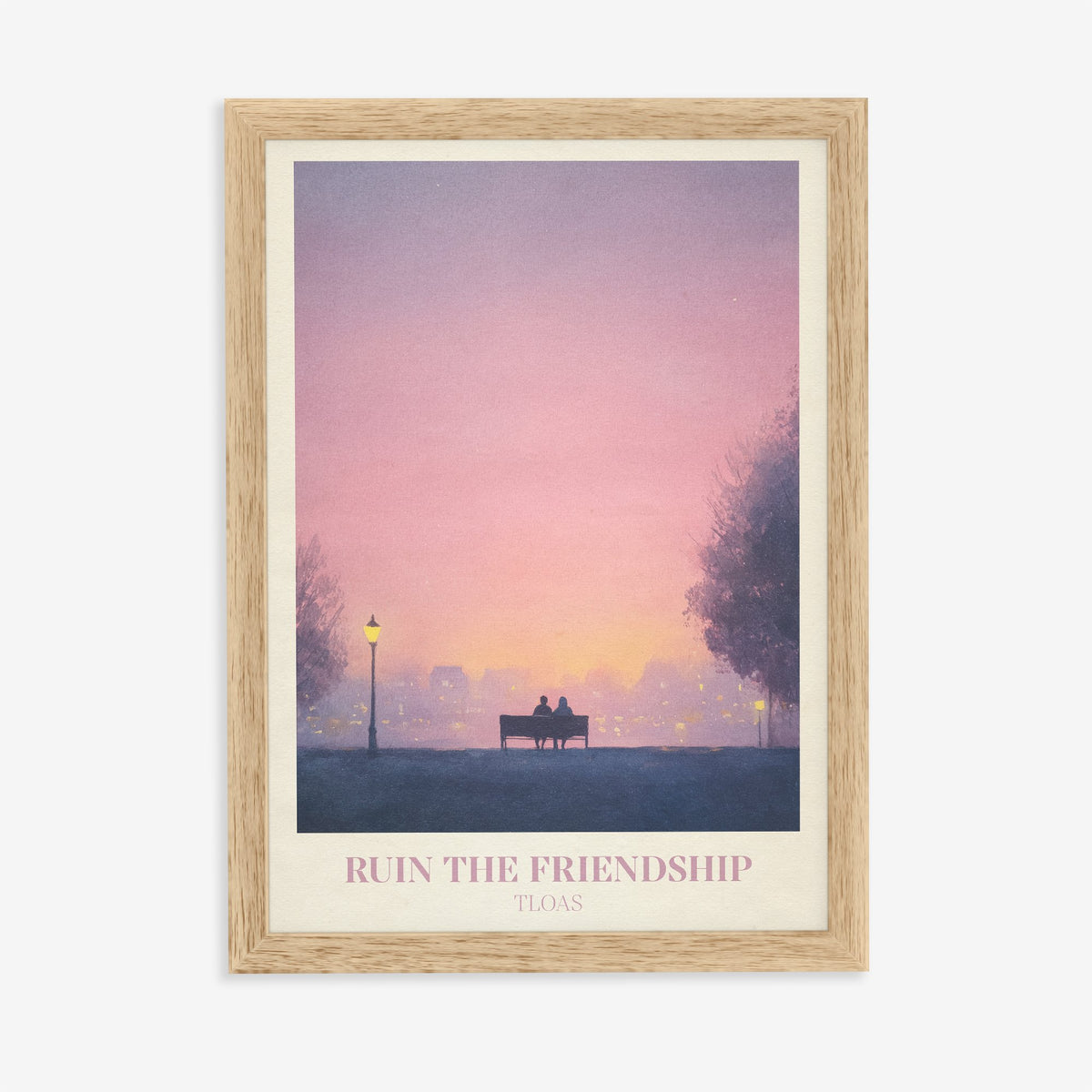 Ruin The Friendship Taylor Swift print of two people on a bench under a street lamp at dusk, in an oak frame on a plain wall