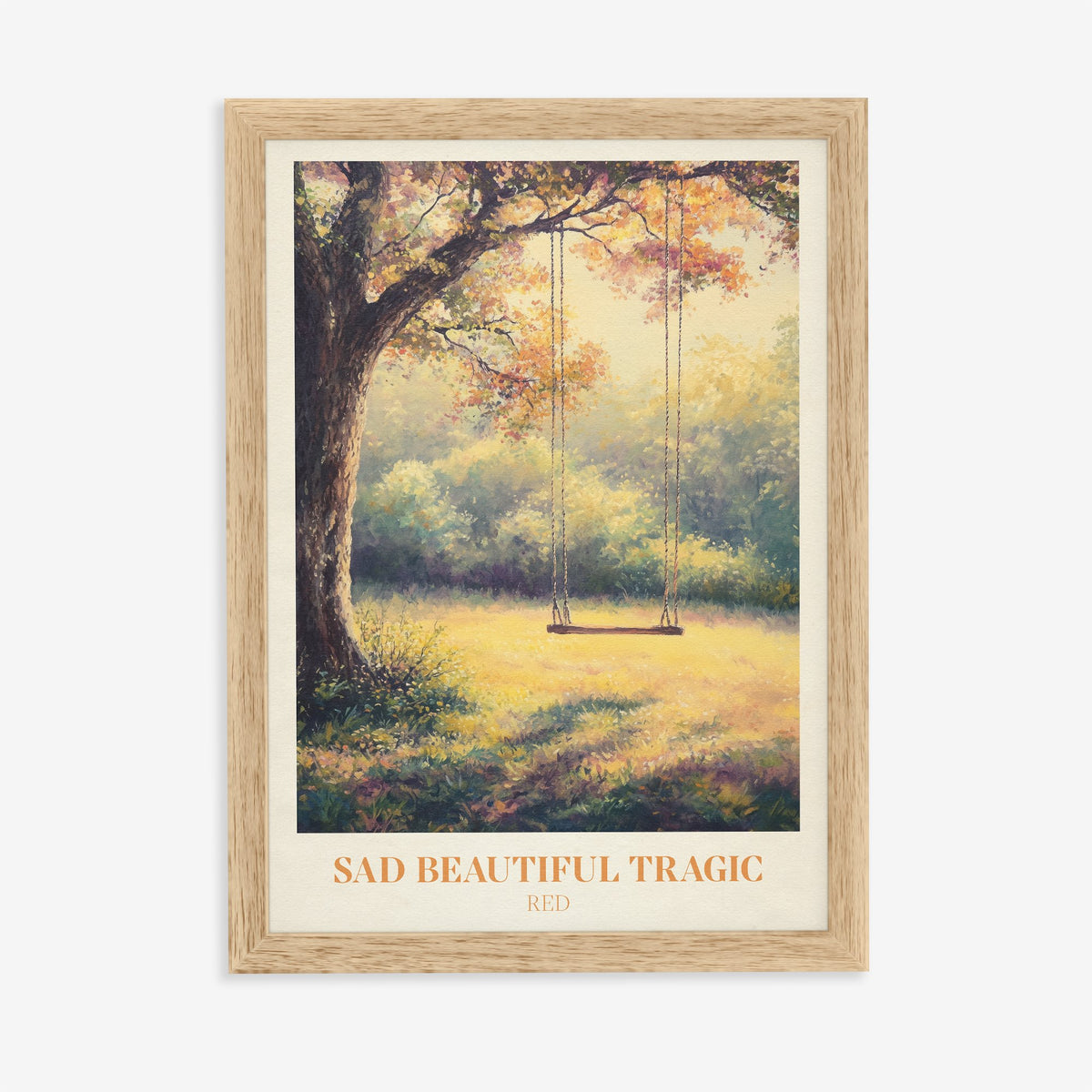 Sad Beautiful Tragic Taylor Swift print of a swing under an old tree in a golden meadow, in an oak frame on a plain wall
