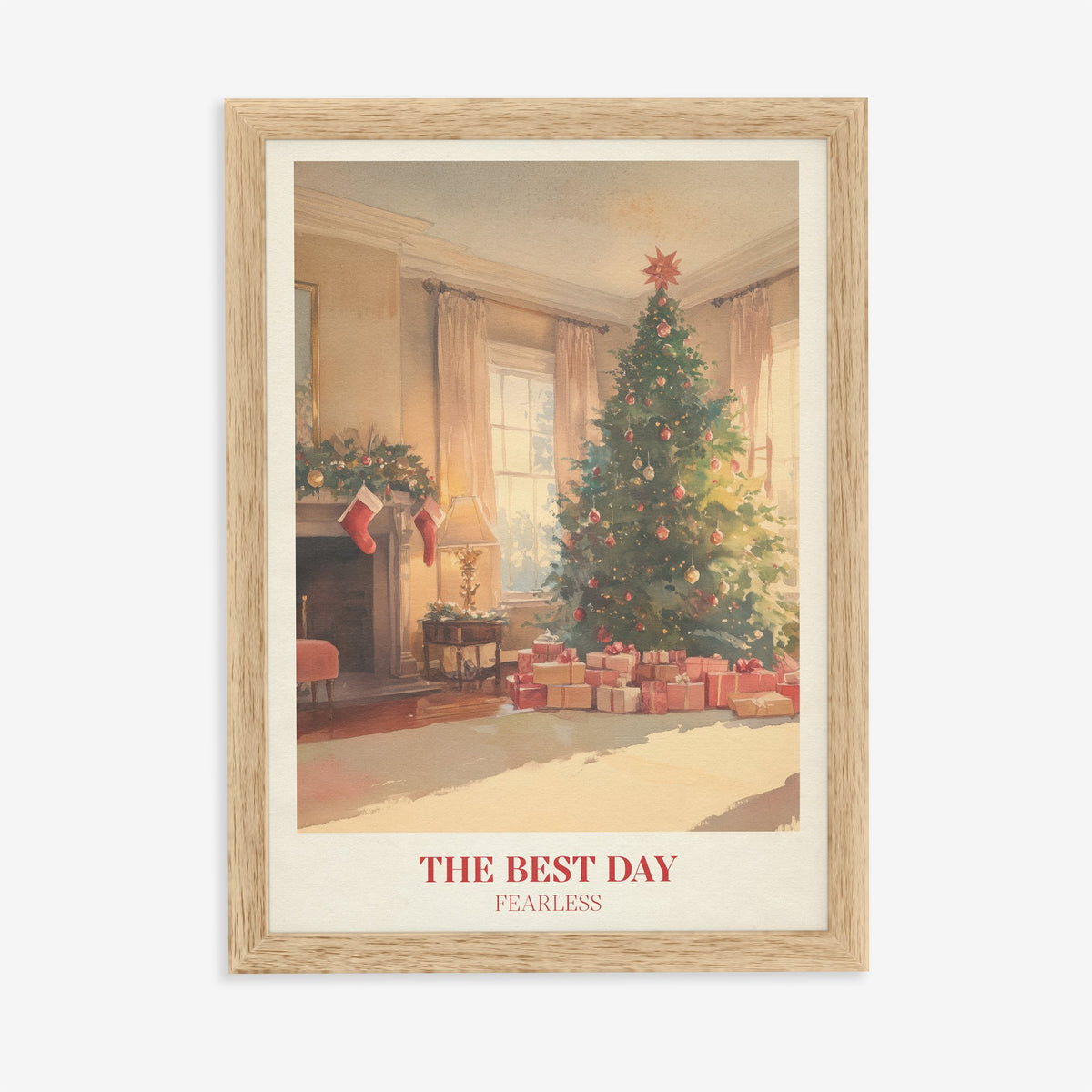 The Best Day Christmas Taylor Swift print of a cosy living room decorated for Christmas, in an oak frame on a plain wall