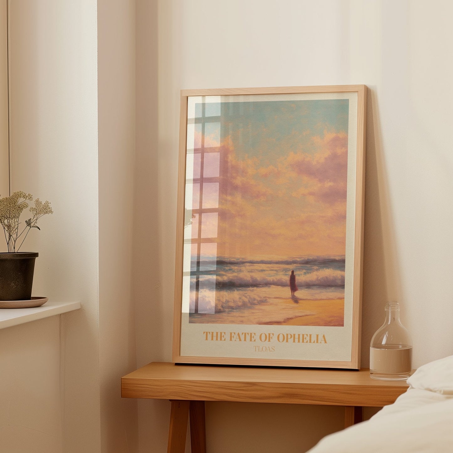 The Fate Of Ophelia lyric wall art print inspired by Taylor Swift on a wooden sideboard, leaning against the wall