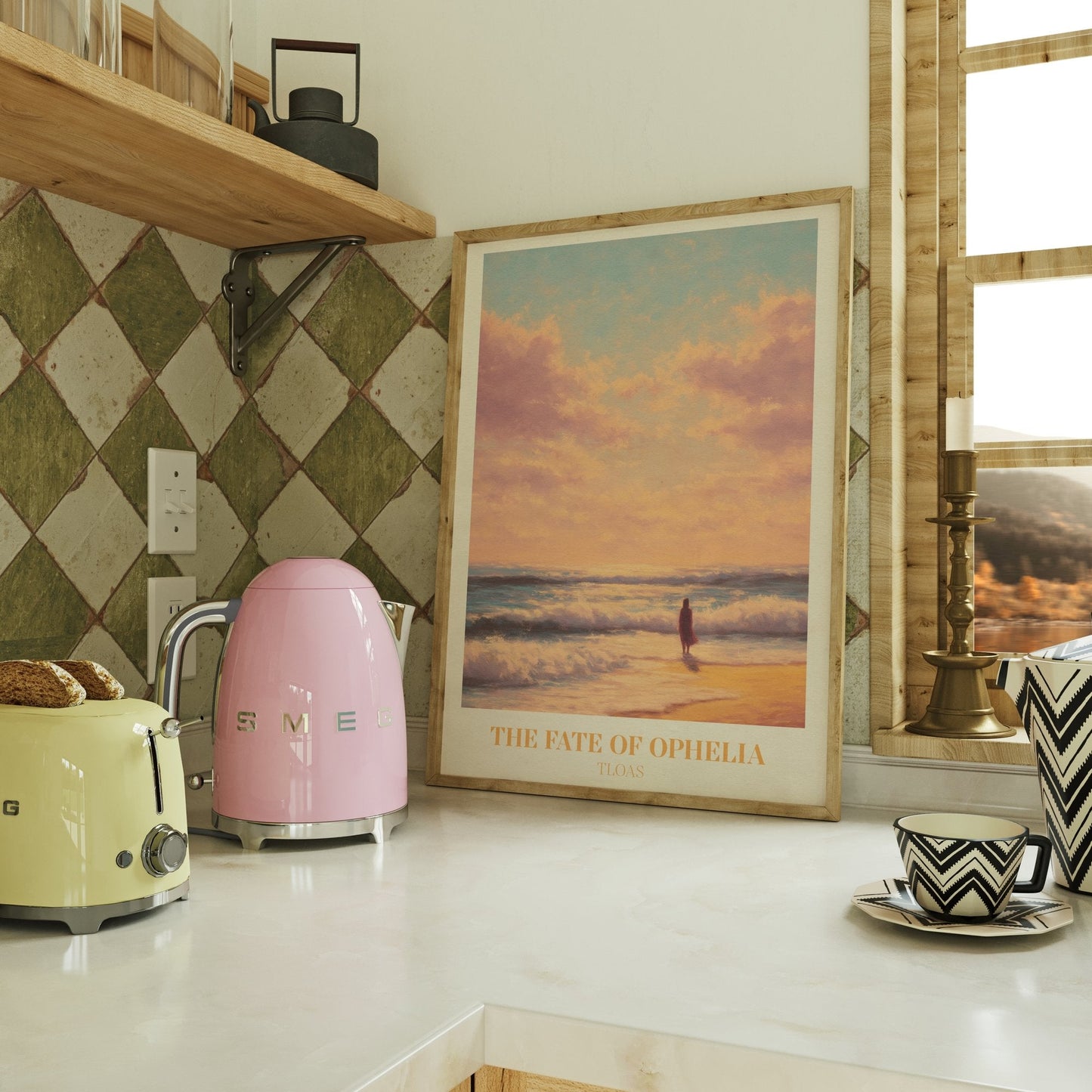 The Fate Of Ophelia lyric wall art print inspired by Taylor Swift on a kitchen counter beside a kettle and toaster