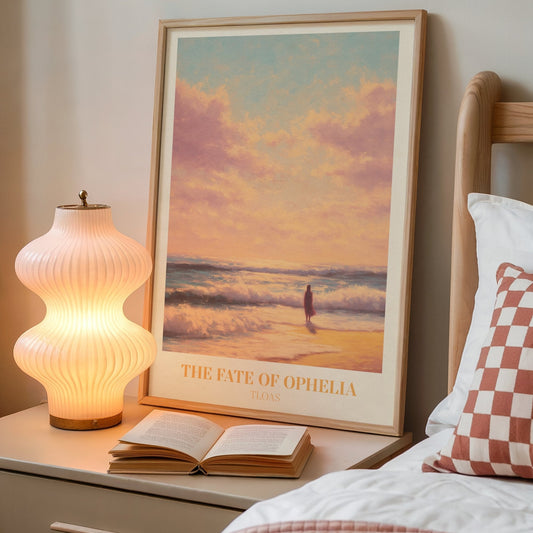 The Fate Of Ophelia lyric wall art print inspired by Taylor Swift on a bedside table next to a lamp