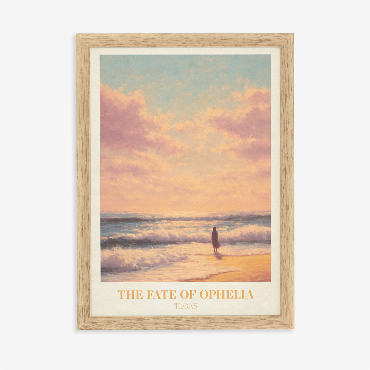 The Fate Of Ophelia Taylor Swift print of a lone figure on a golden beach at sunset, in an oak frame on a plain wall
