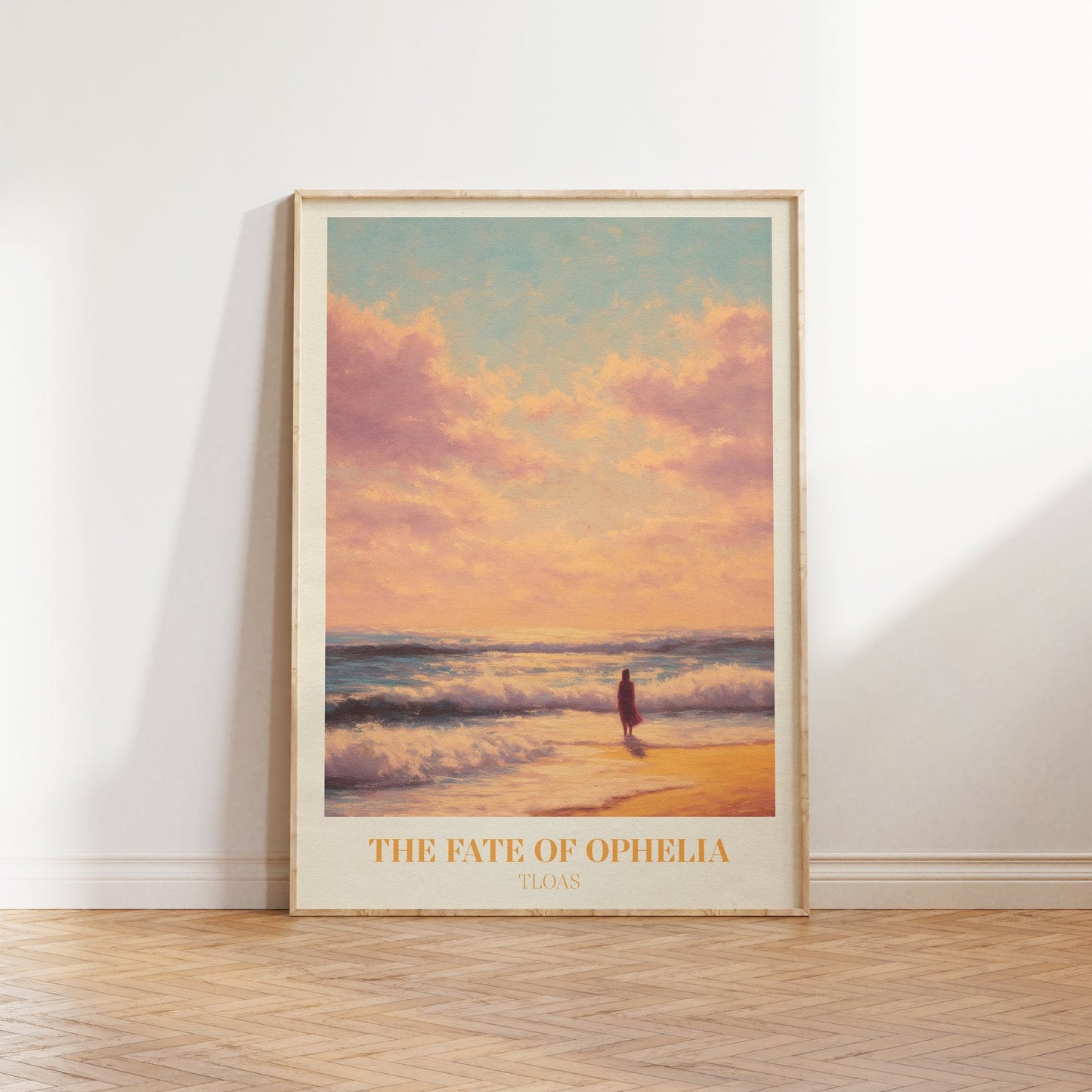 The Fate Of Ophelia lyric print inspired by Taylor Swift leaning against a white wall on a wooden herringbone floor in soft daylight