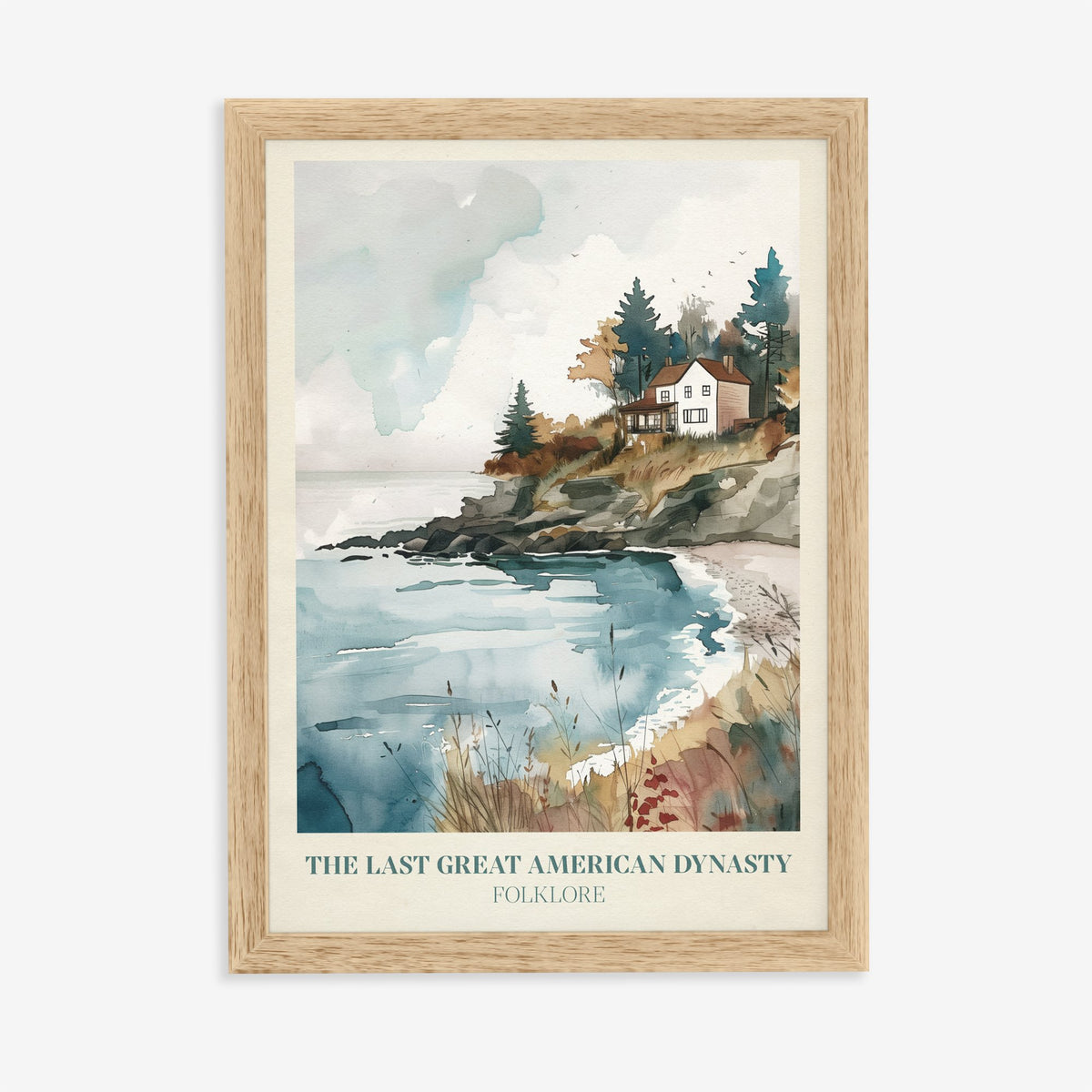 The Last Great American Dynasty Taylor Swift print of a white clifftop house above a cove, in an oak frame on a plain wall