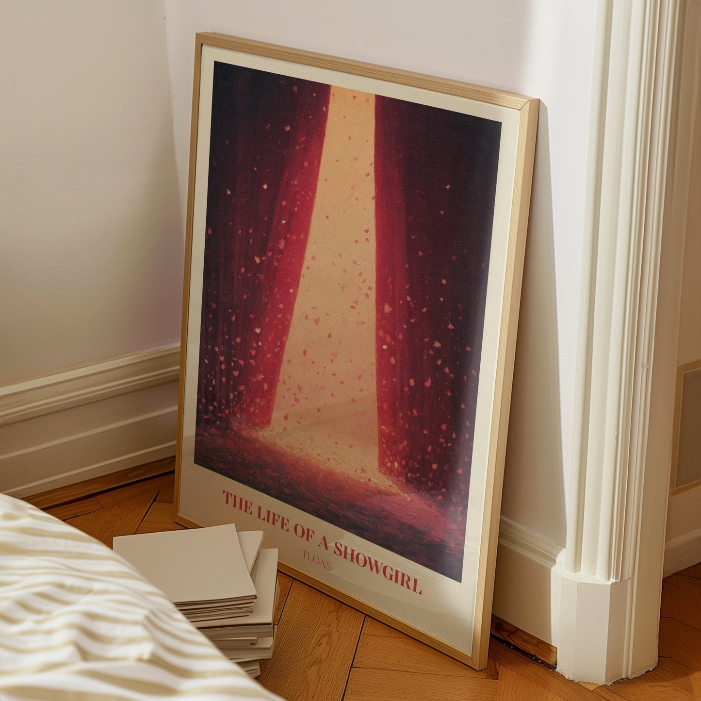 The Life Of A Showgirl lyric wall art print inspired by Taylor Swift on a bedroom floor, leaning against a white wall