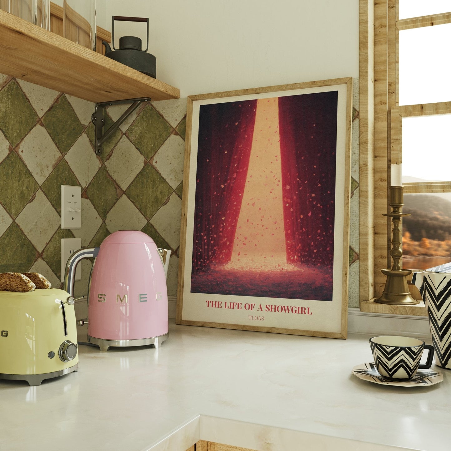 The Life Of A Showgirl lyric wall art print inspired by Taylor Swift on a kitchen counter beside a kettle and toaster