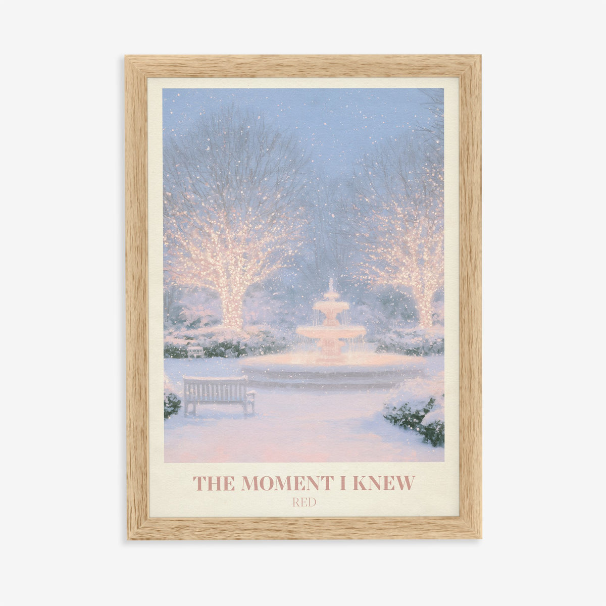 The Moment I Knew Taylor Swift print of a fairy-lit snowy park, in an oak frame on a plain wall