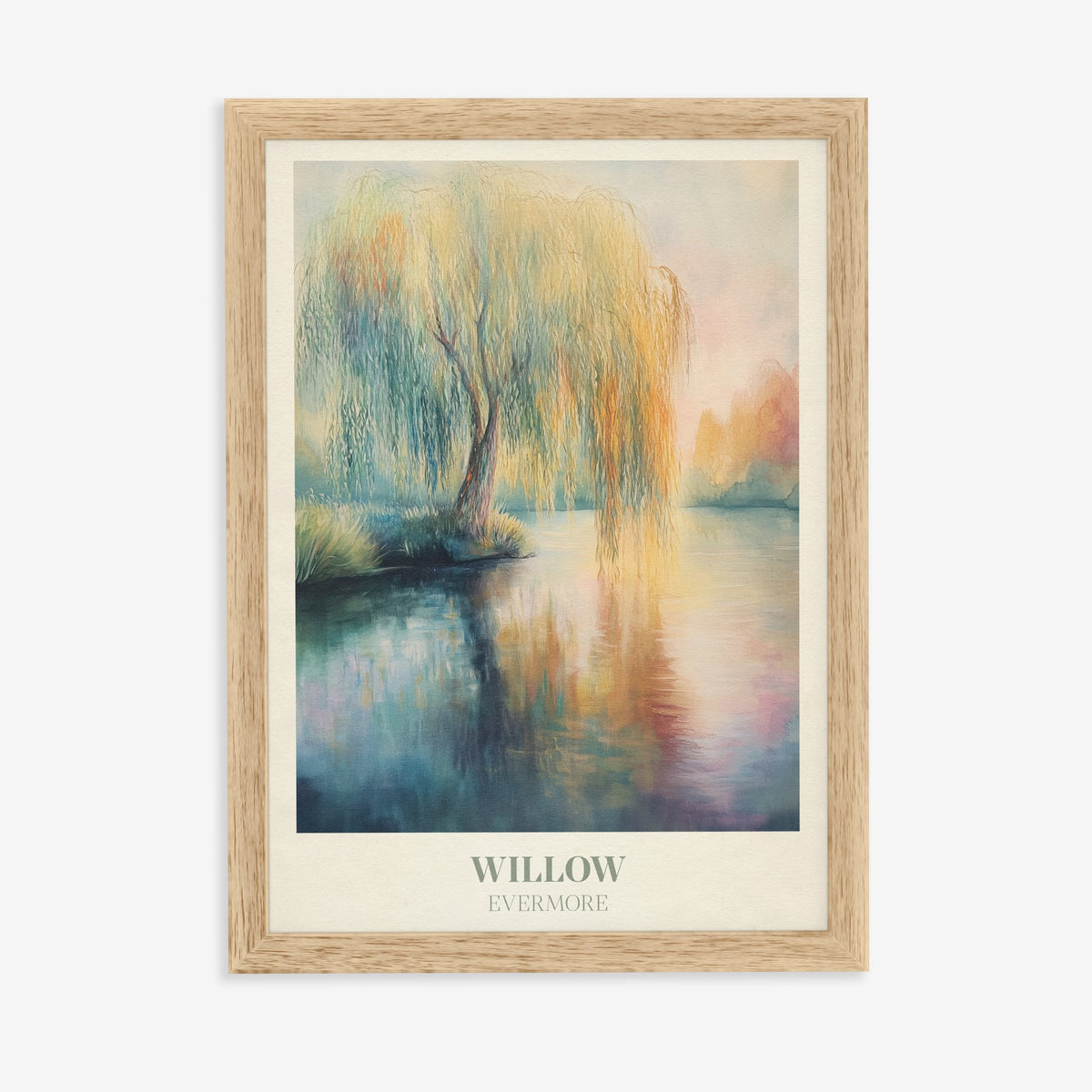 Willow Taylor Swift print of a weeping willow reflected in a still lake, in an oak frame on a plain wall