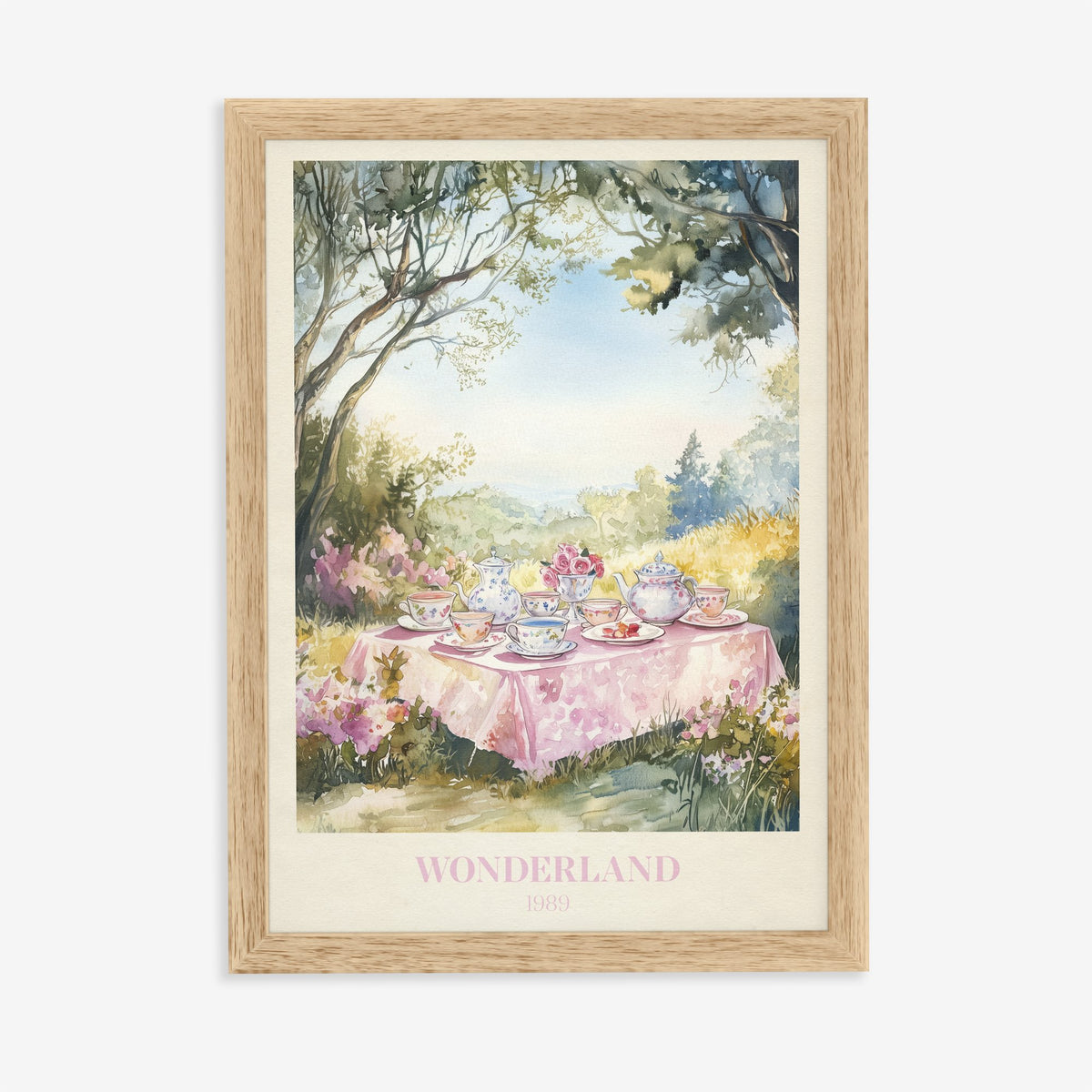 Wonderland Taylor Swift print of a tea party on a pink tablecloth in a sunny woodland clearing, in an oak frame on a plain wall
