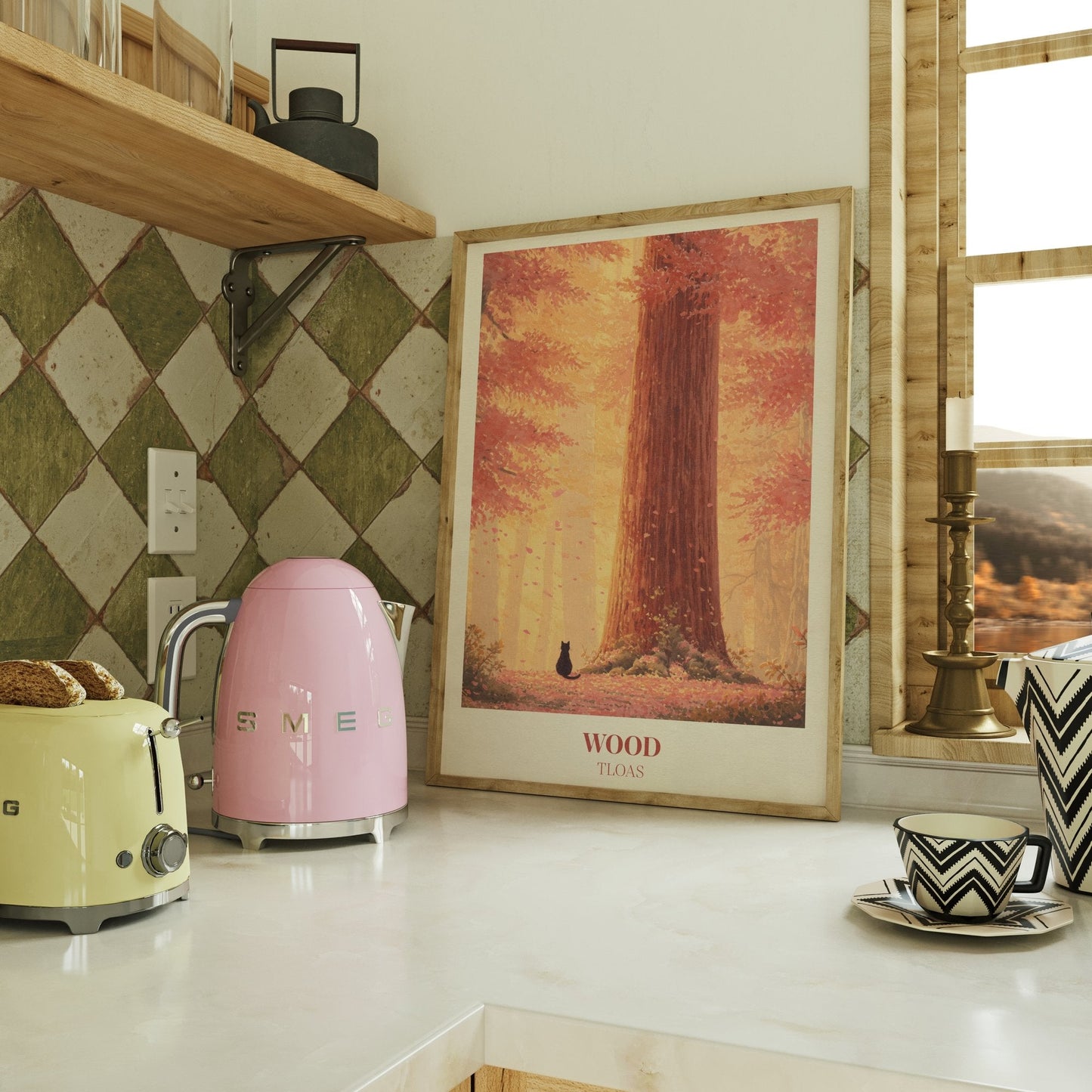 Wood lyric wall art print inspired by Taylor Swift on a kitchen counter beside a kettle and toaster