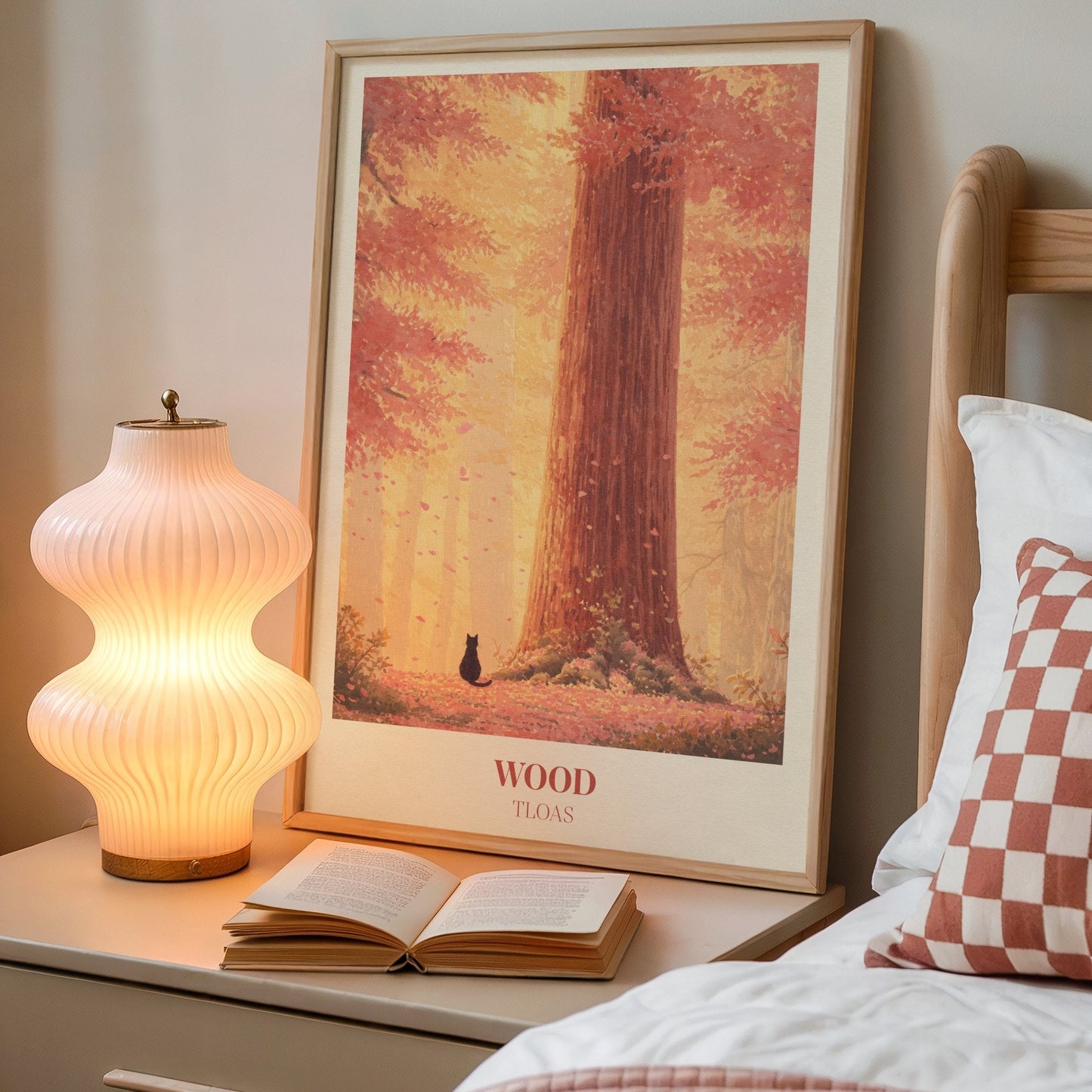 Wood lyric wall art print inspired by Taylor Swift on a bedside table next to a lamp
