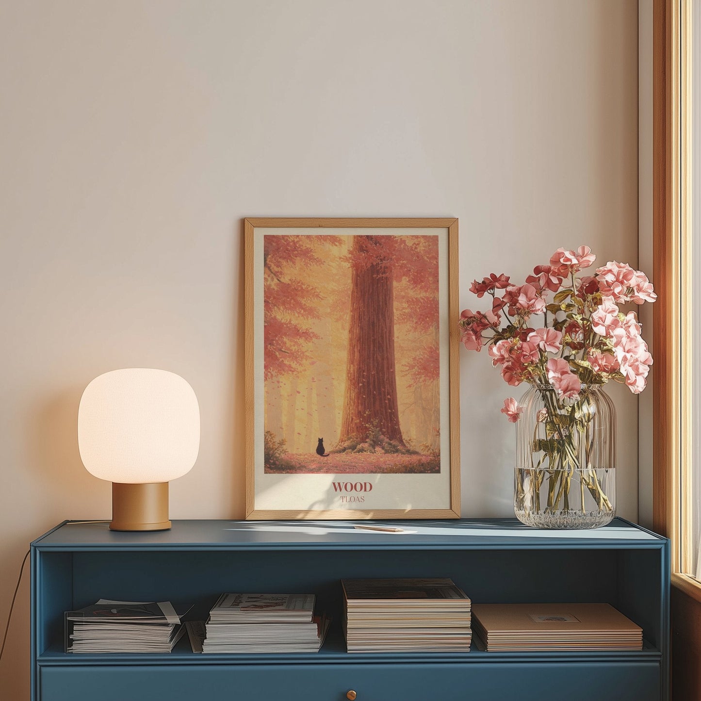 Wood lyric wall art print inspired by Taylor Swift on a blue sideboard with a lamp and flowers