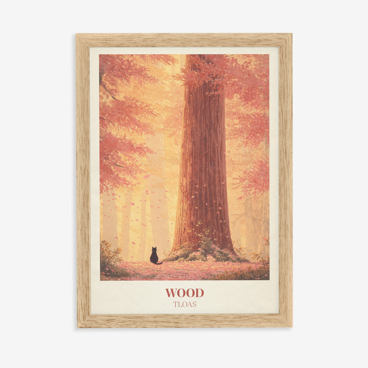 Wood Taylor Swift print of a giant tree in an autumn forest with a small black cat, in an oak frame on a plain wall