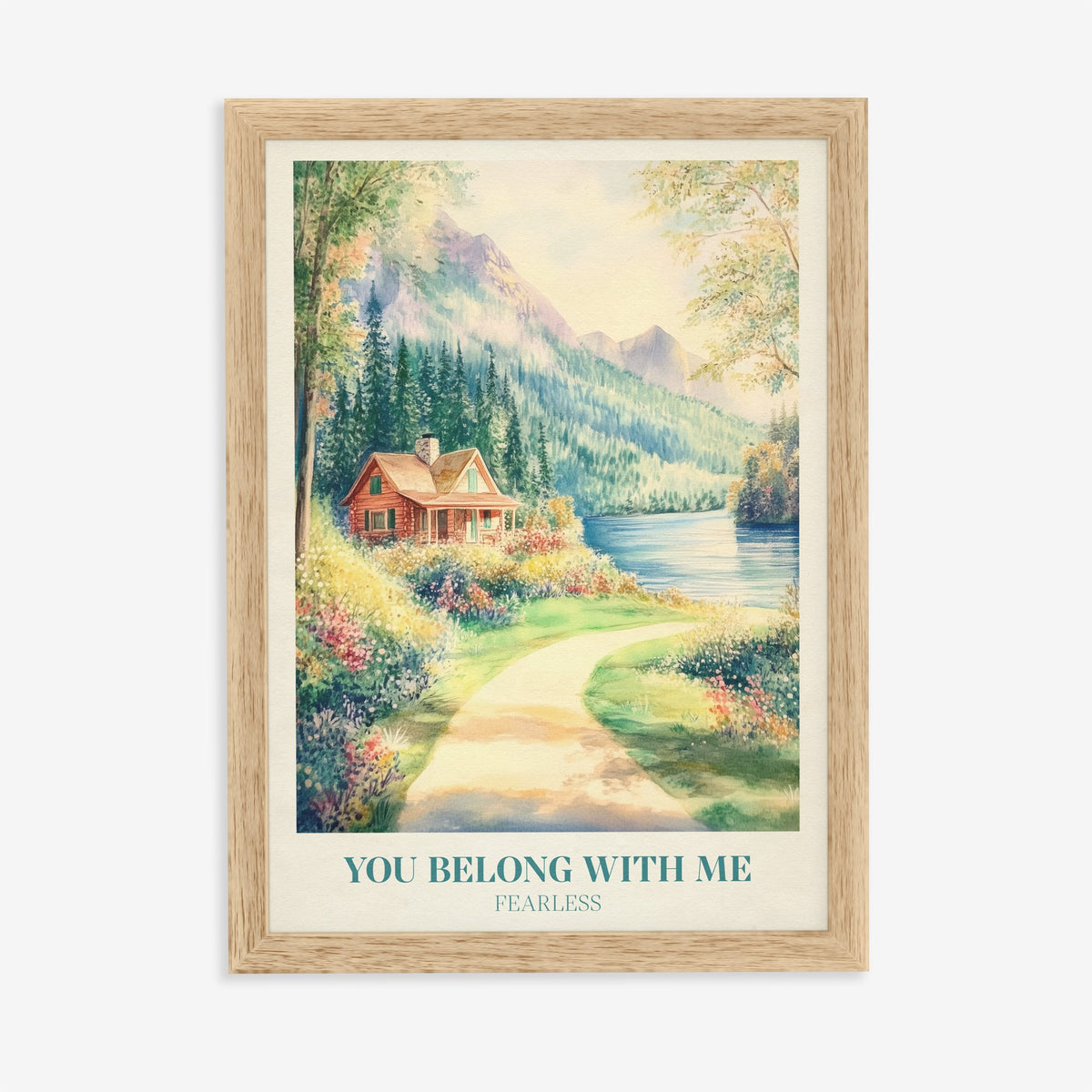 You Belong With Me Taylor Swift print of a red cabin by a mountain lake with a flowery path, in an oak frame on a plain wall