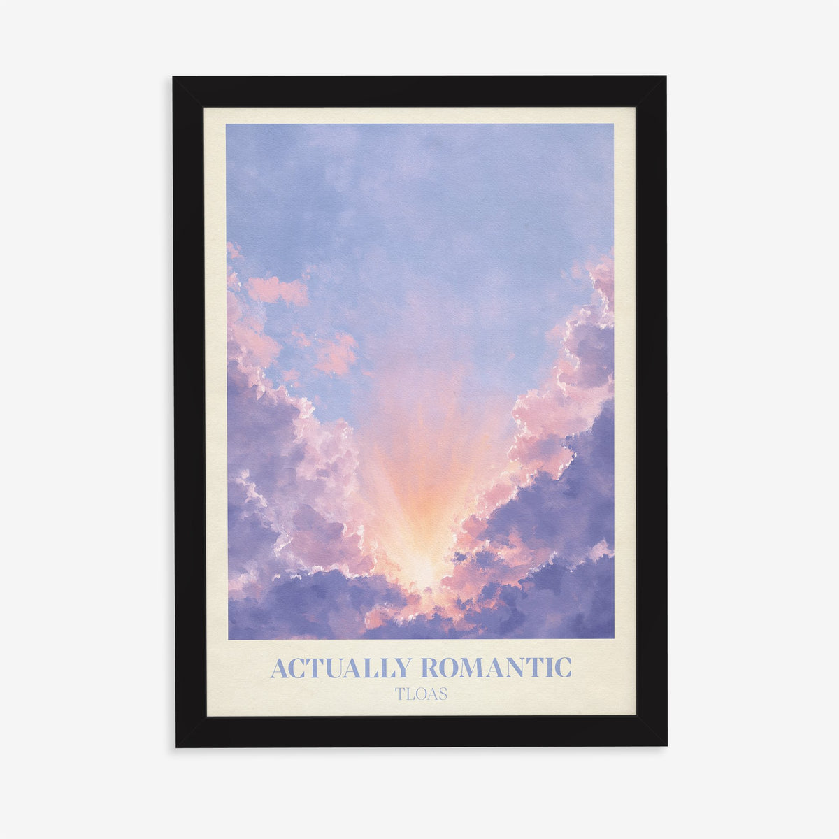 Actually Romantic Taylor Swift print of lavender clouds parting around a golden glow, in a black frame on a plain wall