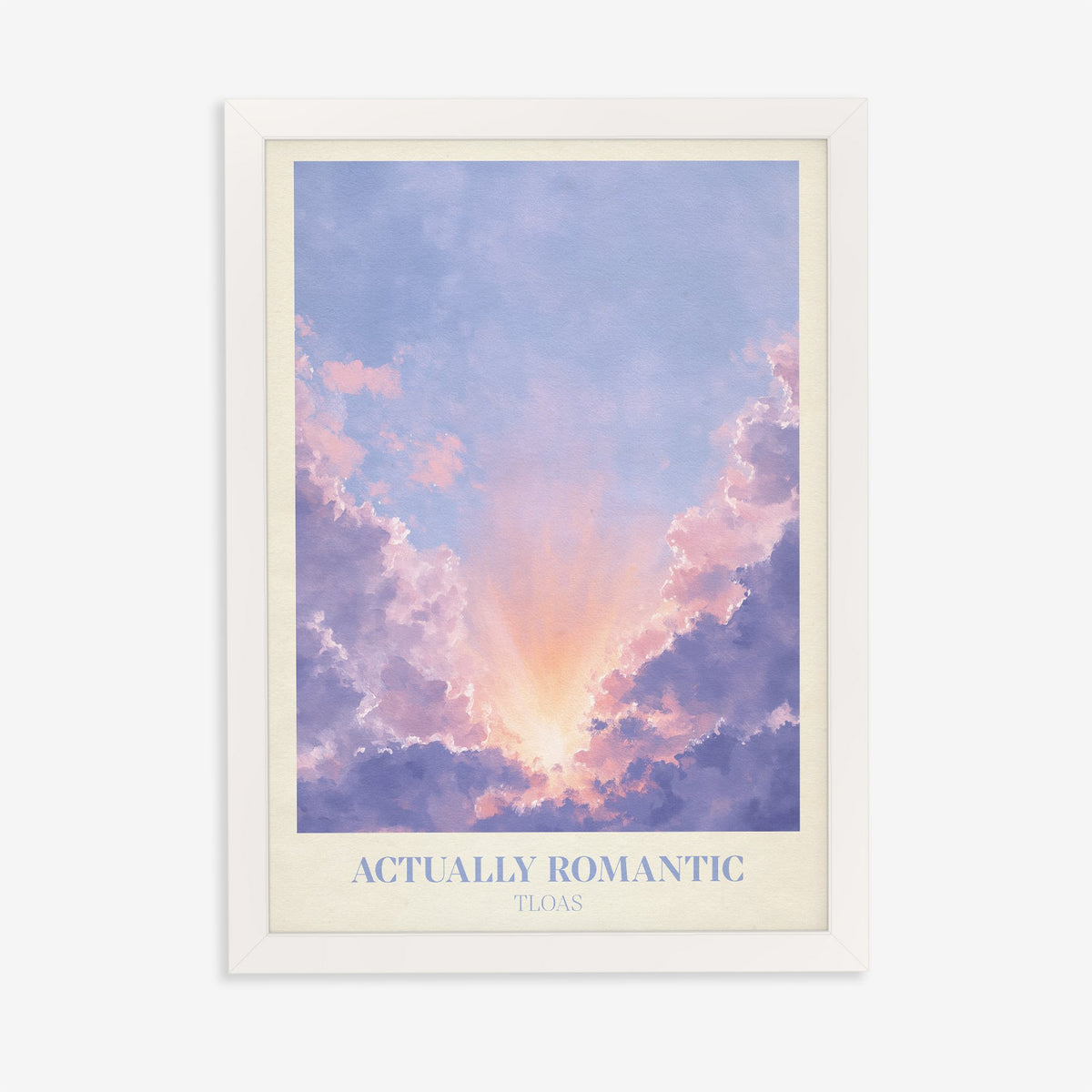 Actually Romantic Taylor Swift print of lavender clouds parting around a golden glow, in a white frame on a plain wall