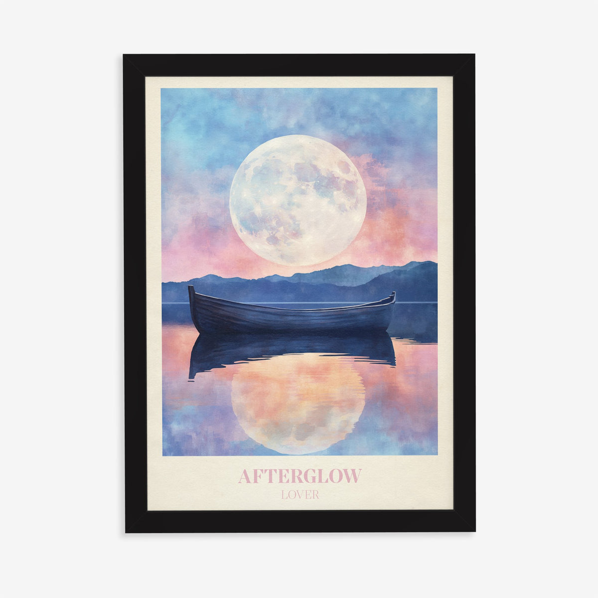 Afterglow Taylor Swift print of a rowing boat on a still lake under a full moon, in a black frame on a plain wall