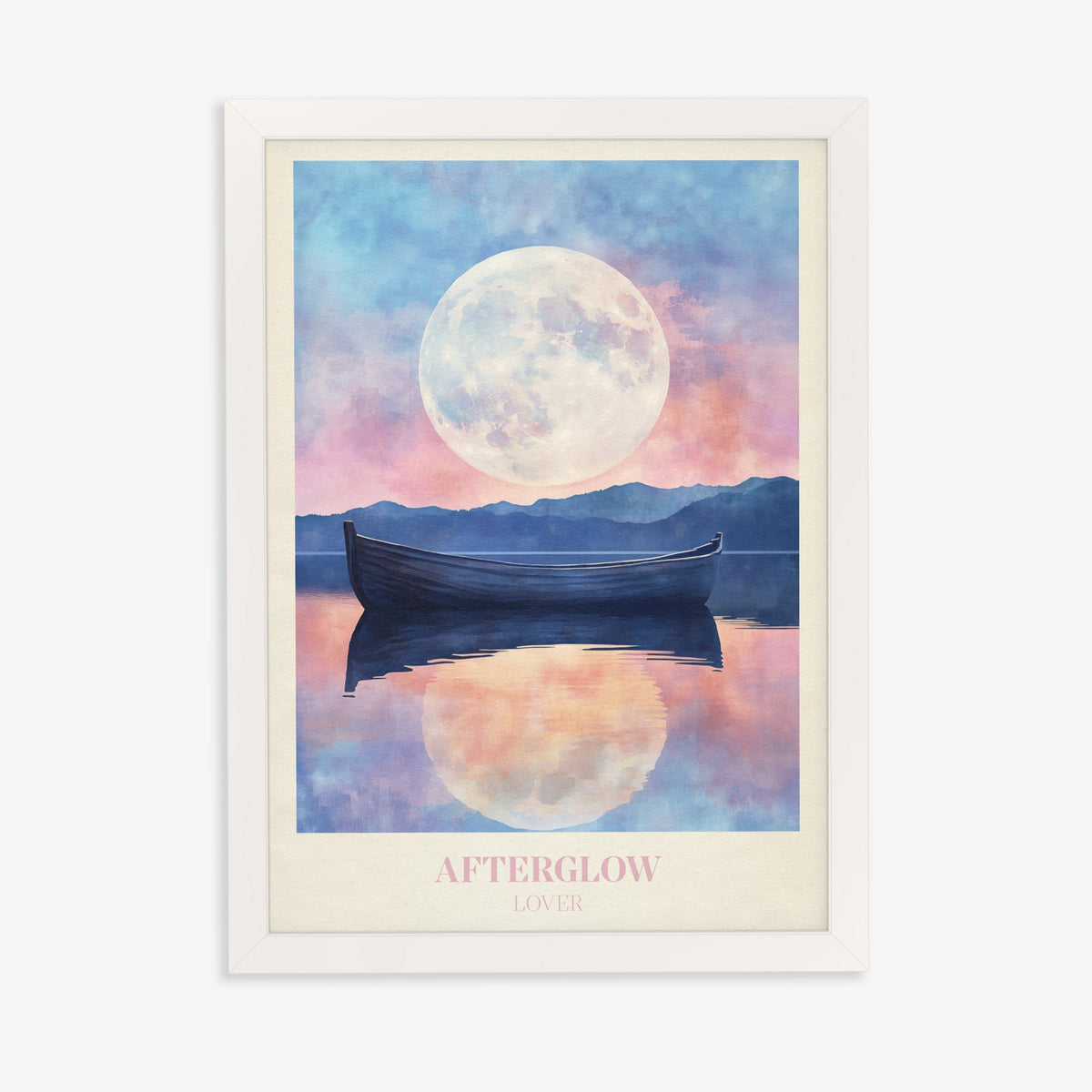Afterglow Taylor Swift print of a rowing boat on a still lake under a full moon, in a white frame on a plain wall