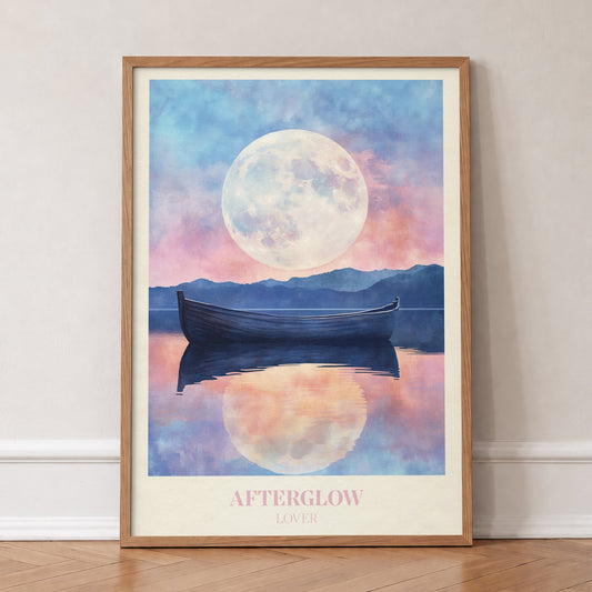 Afterglow Taylor Swift print of a rowing boat on a still lake under a full moon, in an oak frame, leaning against a wall on a herringbone floor