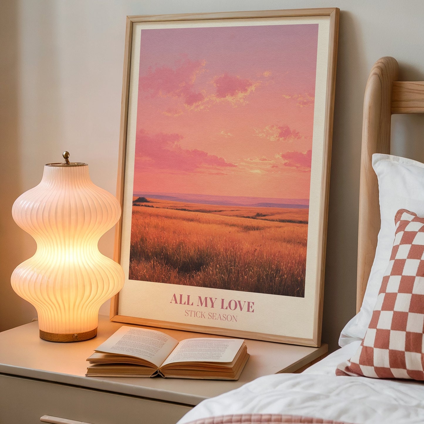 All My Love lyric wall art print inspired by Noah Kahan on a bedside table next to a lamp
