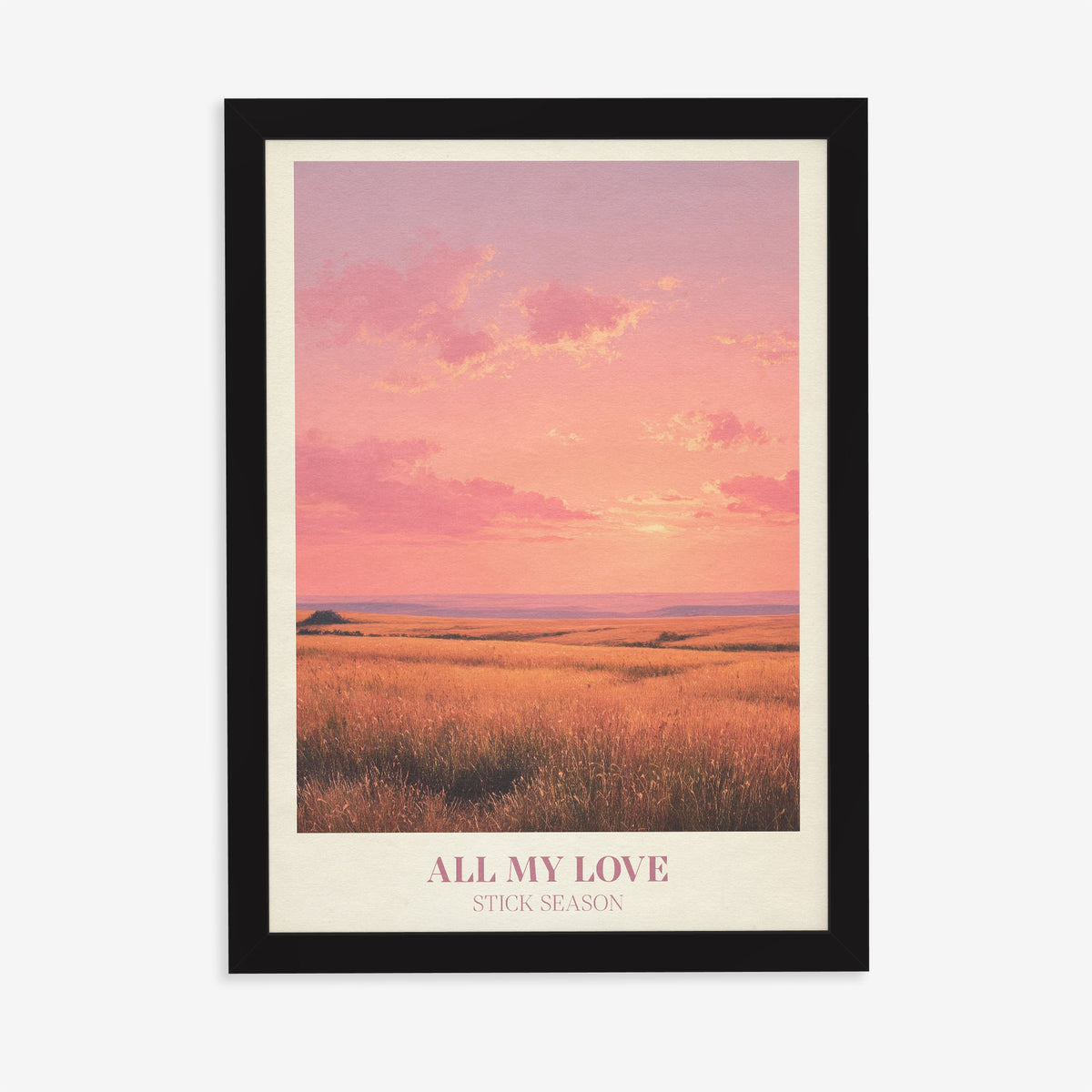 All My Love Noah Kahan print of a golden field under a glowing pink sunset, in a black frame on a plain wall