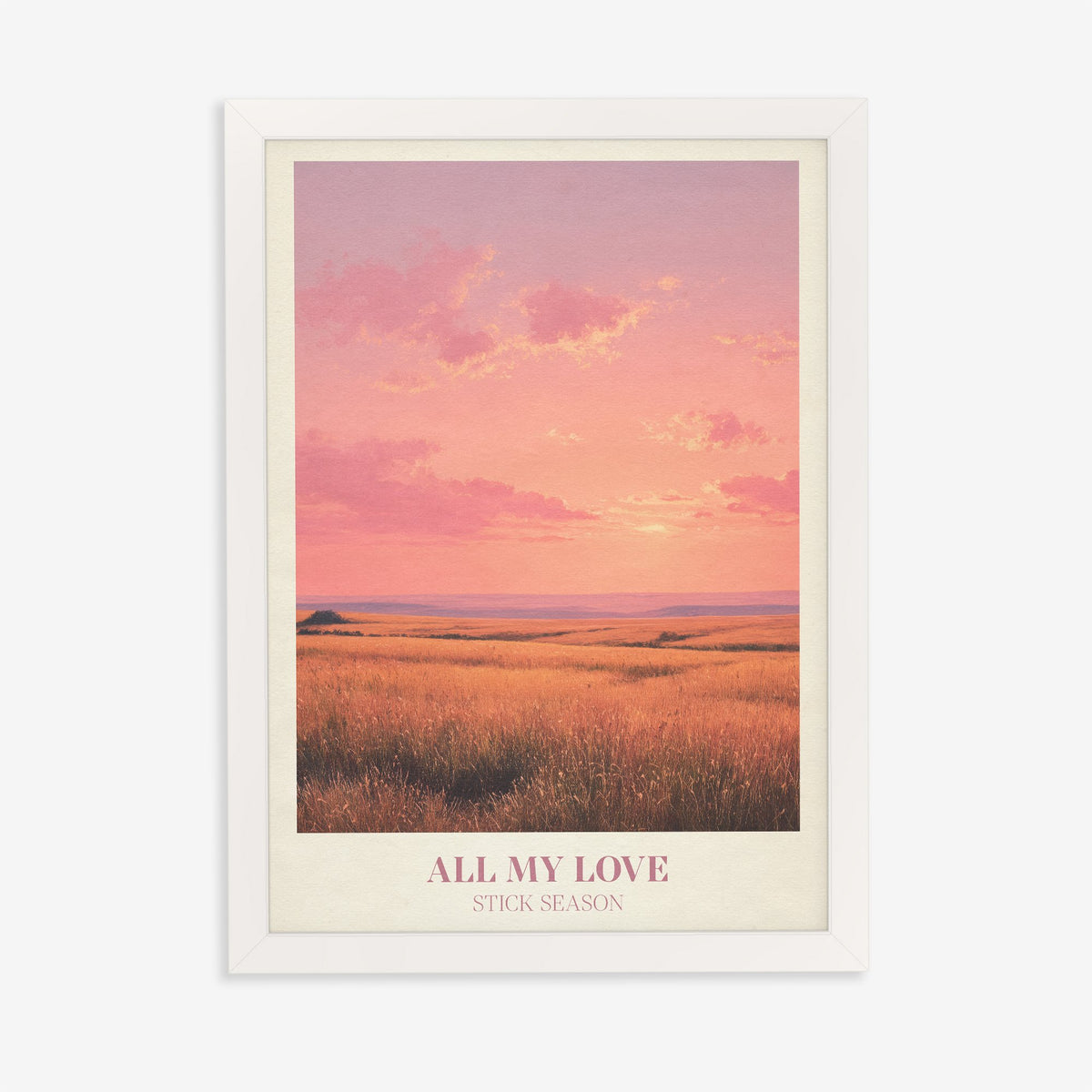 All My Love Noah Kahan print of a golden field under a glowing pink sunset, in a white frame on a plain wall
