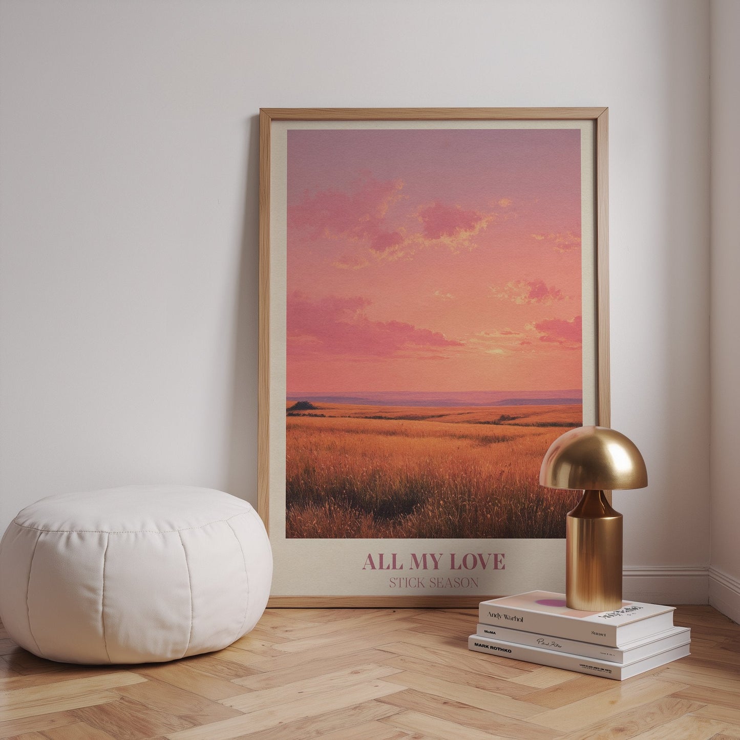 All My Love lyric wall art print inspired by Noah Kahan leaning against a white wall on wooden floor