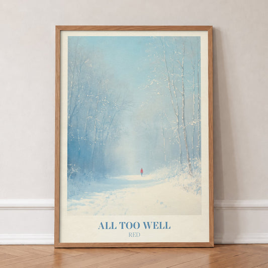 All Too Well Christmas Taylor Swift print of a walker in red on a snowy woodland path, in an oak frame, leaning against a wall on a herringbone floor