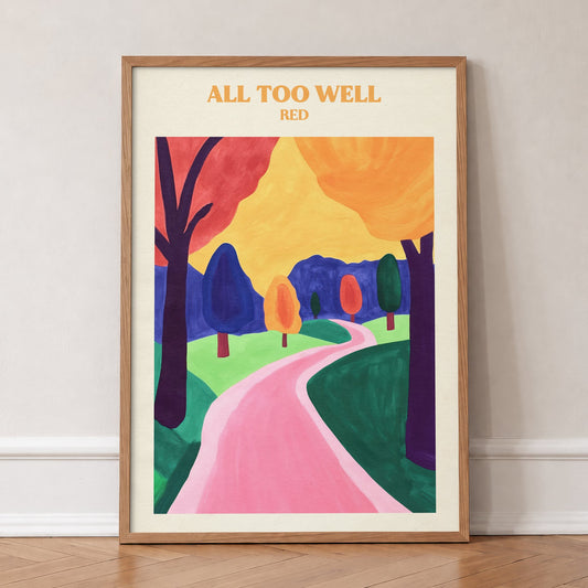 All Too Well Matisse Taylor Swift print of a pink path winding through bold, colourful trees, in an oak frame, leaning against a wall on a herringbone floor