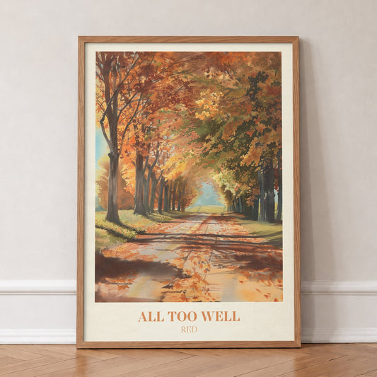 All Too Well Taylor Swift print of an autumn lane under burnt orange trees, in an oak frame, leaning against a wall on a herringbone floor
