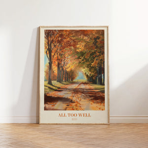 All Too Well music print — an autumnal tree-lined lane in warm oranges and deep reds inspired by Taylor Swift's Red album