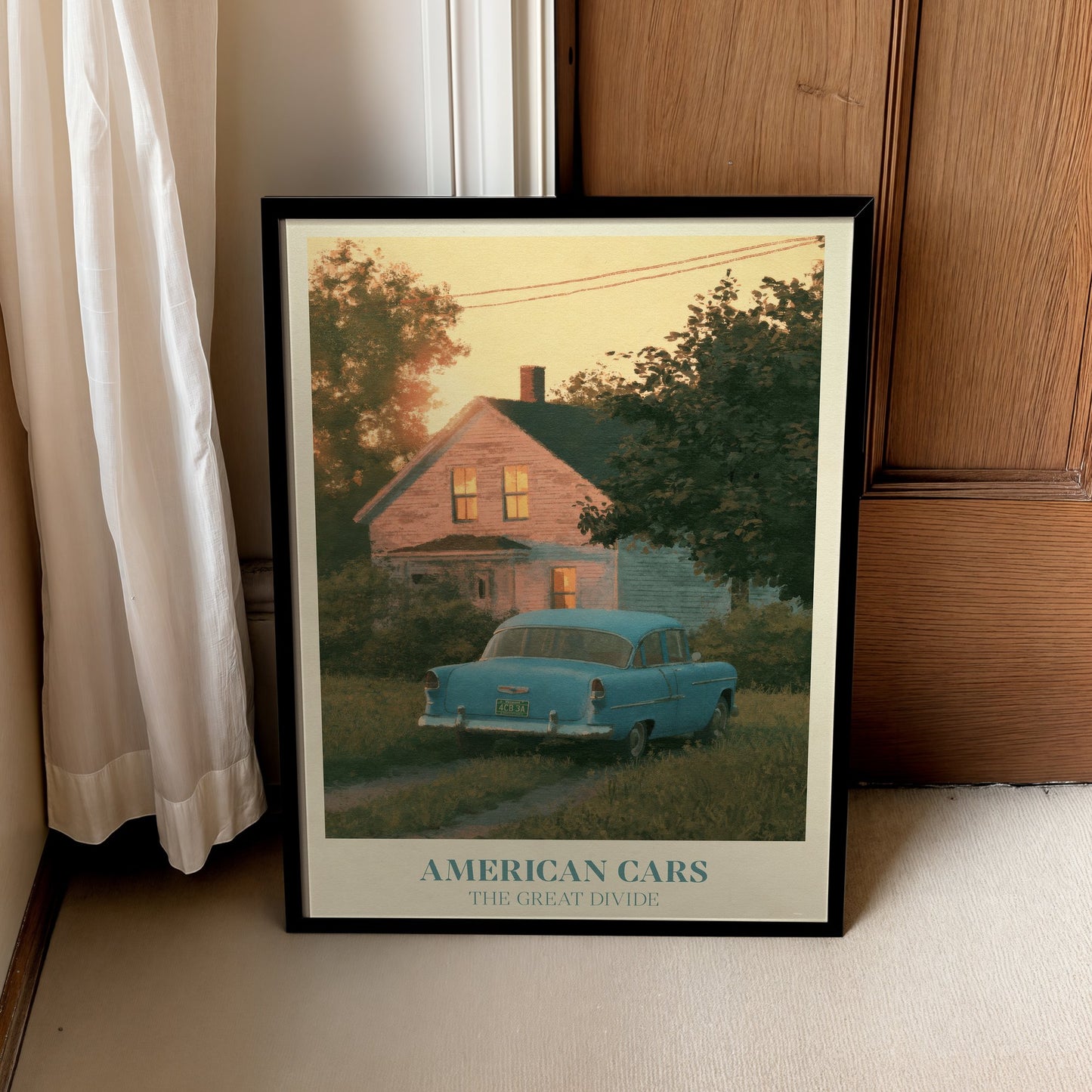 American Cars lyric wall art print inspired by Noah Kahan in a black frame leaning against a wooden door