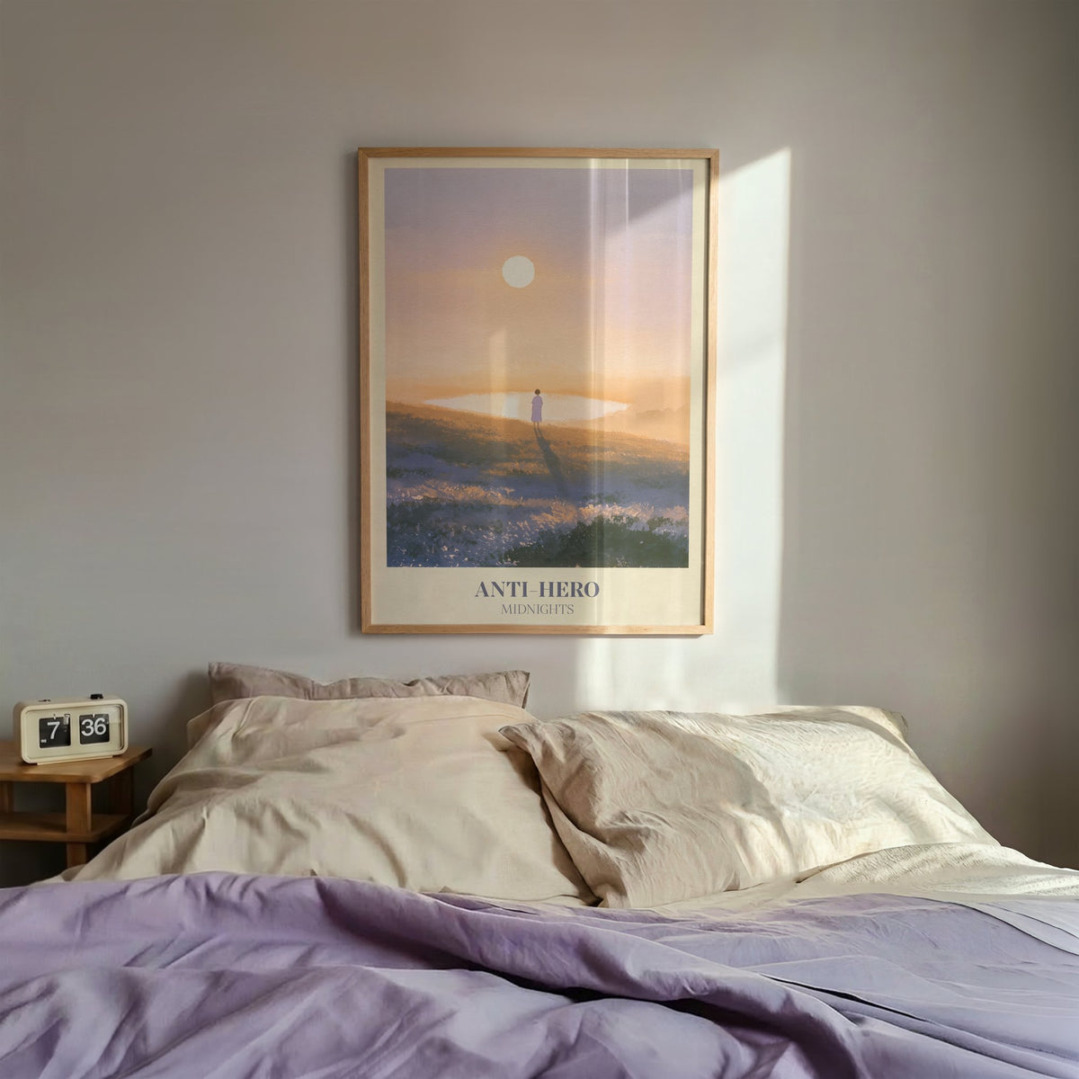 Anti-Hero Taylor Swift print of a lone figure by a lake at sunset, hung above a bed with lilac bedding