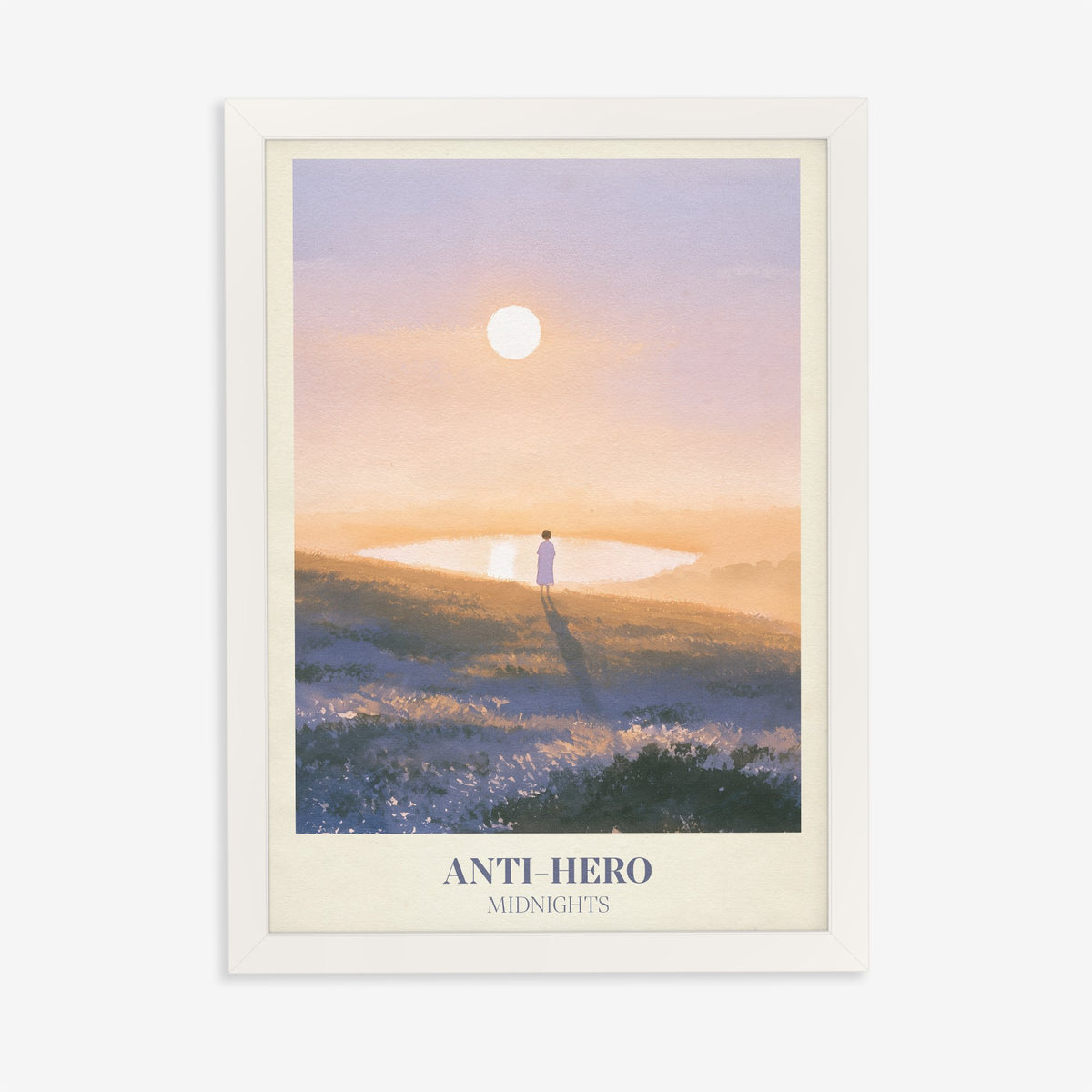 Anti-Hero Taylor Swift print of a lone figure by a lake at sunset, in a white frame on a plain wall