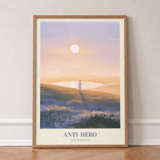 Anti-Hero Taylor Swift print of a lone figure by a lake at sunset, in an oak frame, leaning against a wall on a herringbone floor