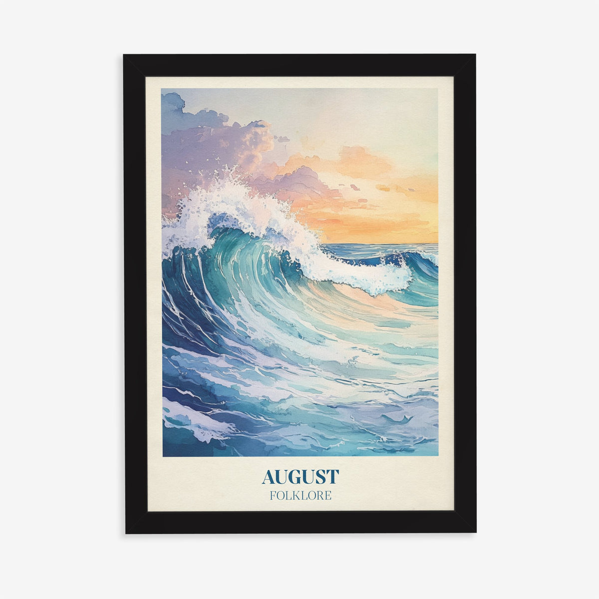 August Taylor Swift print of a crashing turquoise wave under a golden sky, in a black frame on a plain wall
