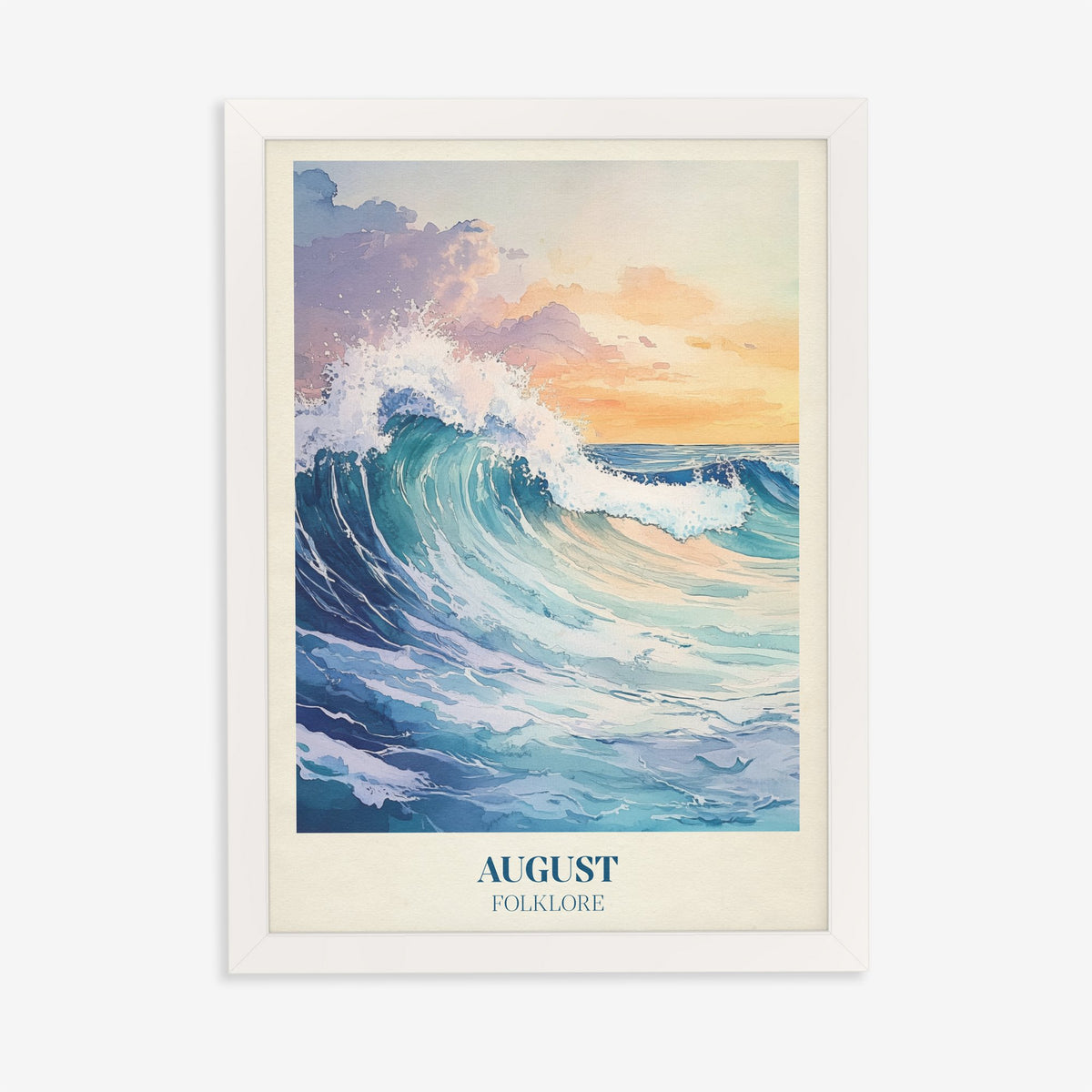 August Taylor Swift print of a crashing turquoise wave under a golden sky, in a white frame on a plain wall