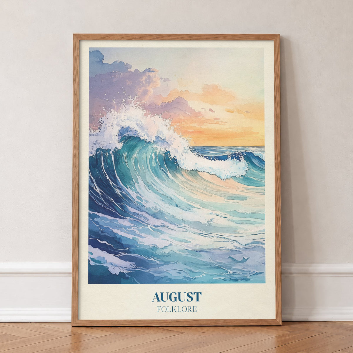 August Taylor Swift print of a crashing turquoise wave under a golden sky, in an oak frame, leaning against a wall on a herringbone floor