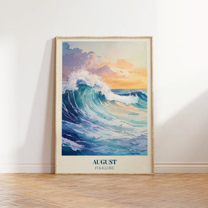 August music print — a crashing ocean wave in vibrant teals and blues beneath a golden-orange sunset sky, inspired by Taylor Swift's Folklore album