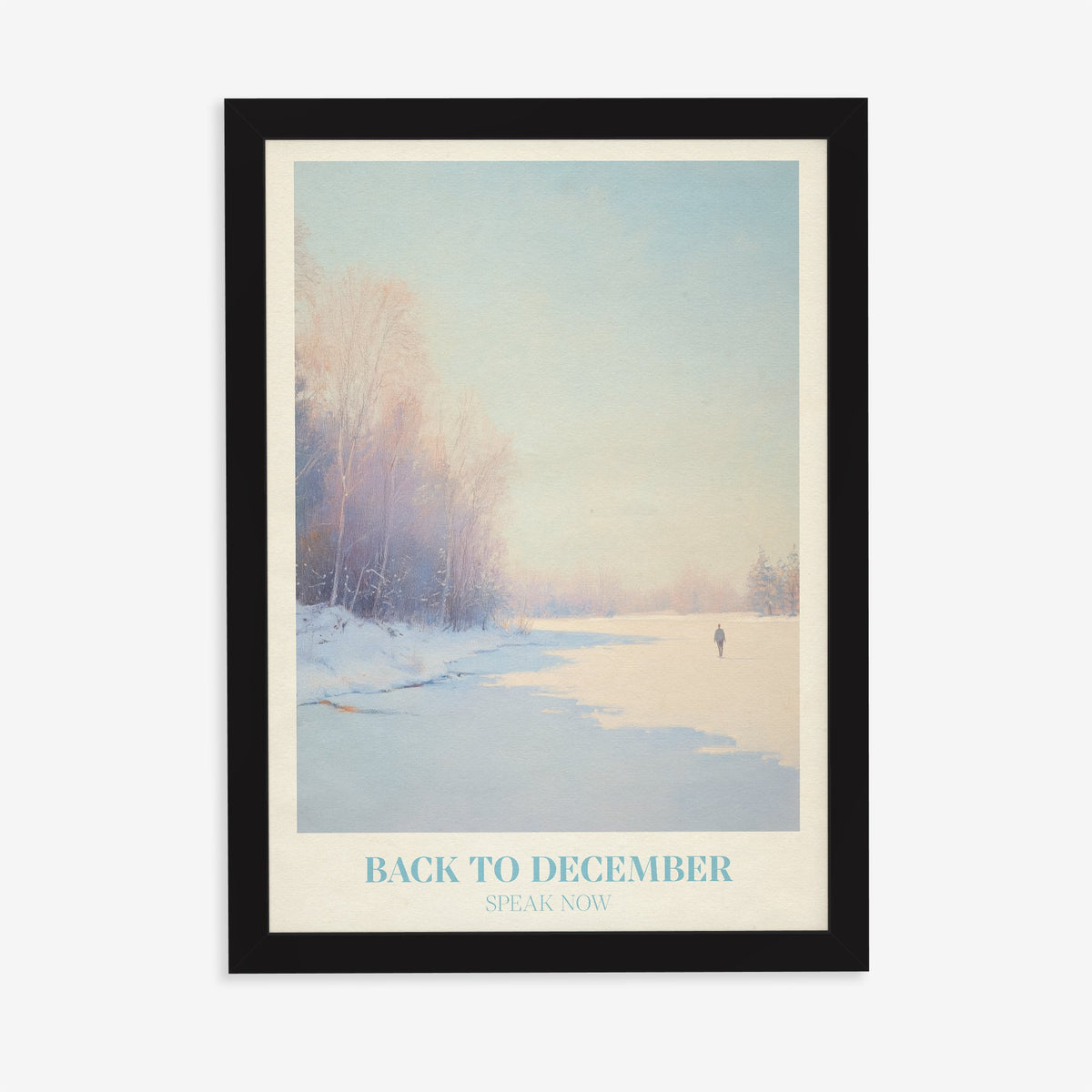 Back To December Taylor Swift print of a lone figure by a frozen winter river, in a black frame on a plain wall