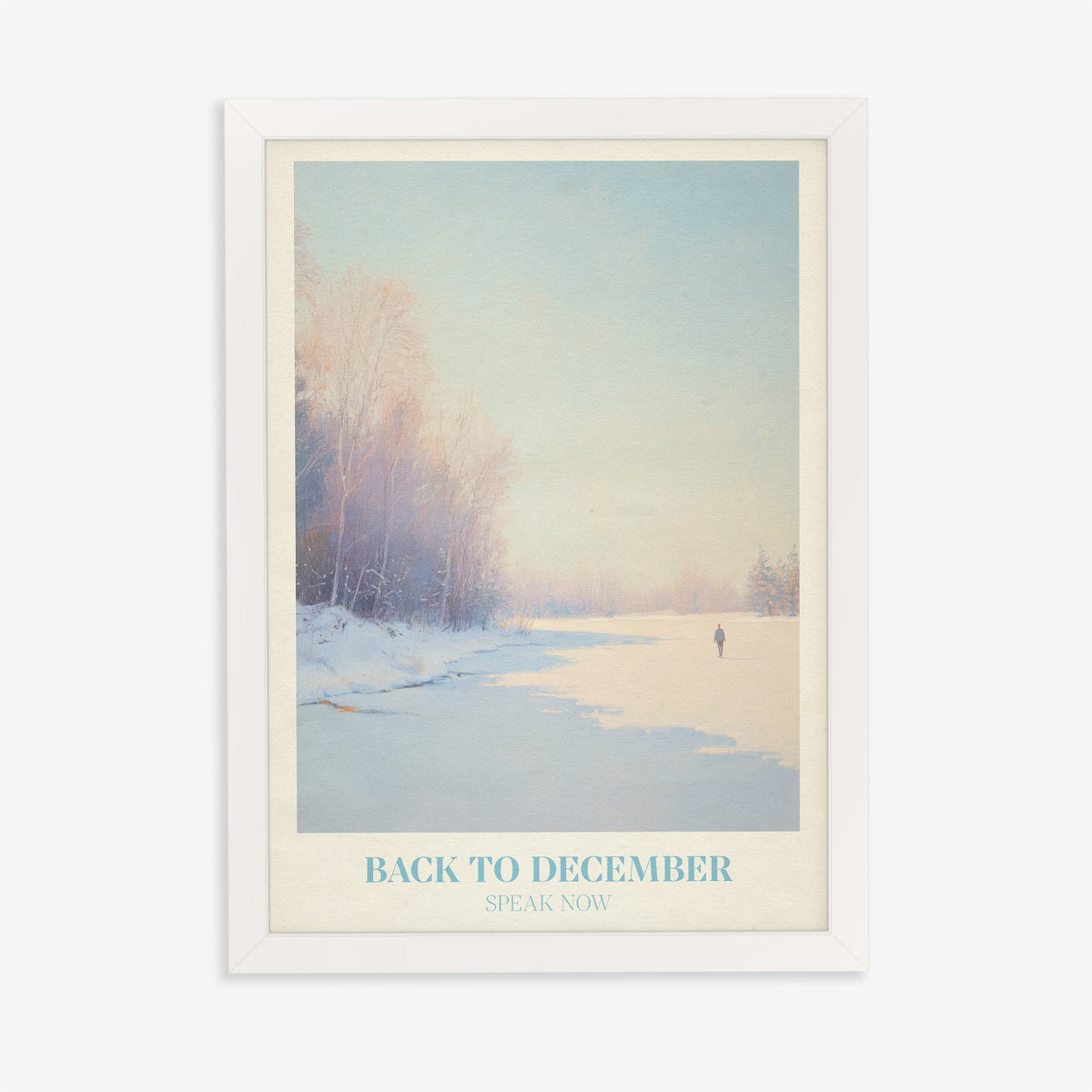 Back To December Taylor Swift print of a lone figure by a frozen winter river, in a white frame on a plain wall