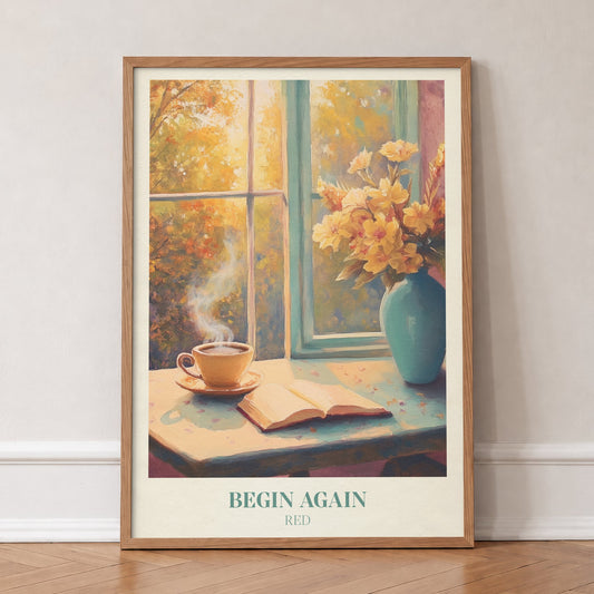 Begin Again Taylor Swift print of coffee and an open book by an autumn window, in an oak frame, leaning against a wall on a herringbone floor