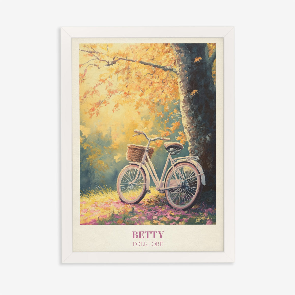 Betty Taylor Swift print of a white bicycle with a basket under an autumn tree, in a white frame on a plain wall